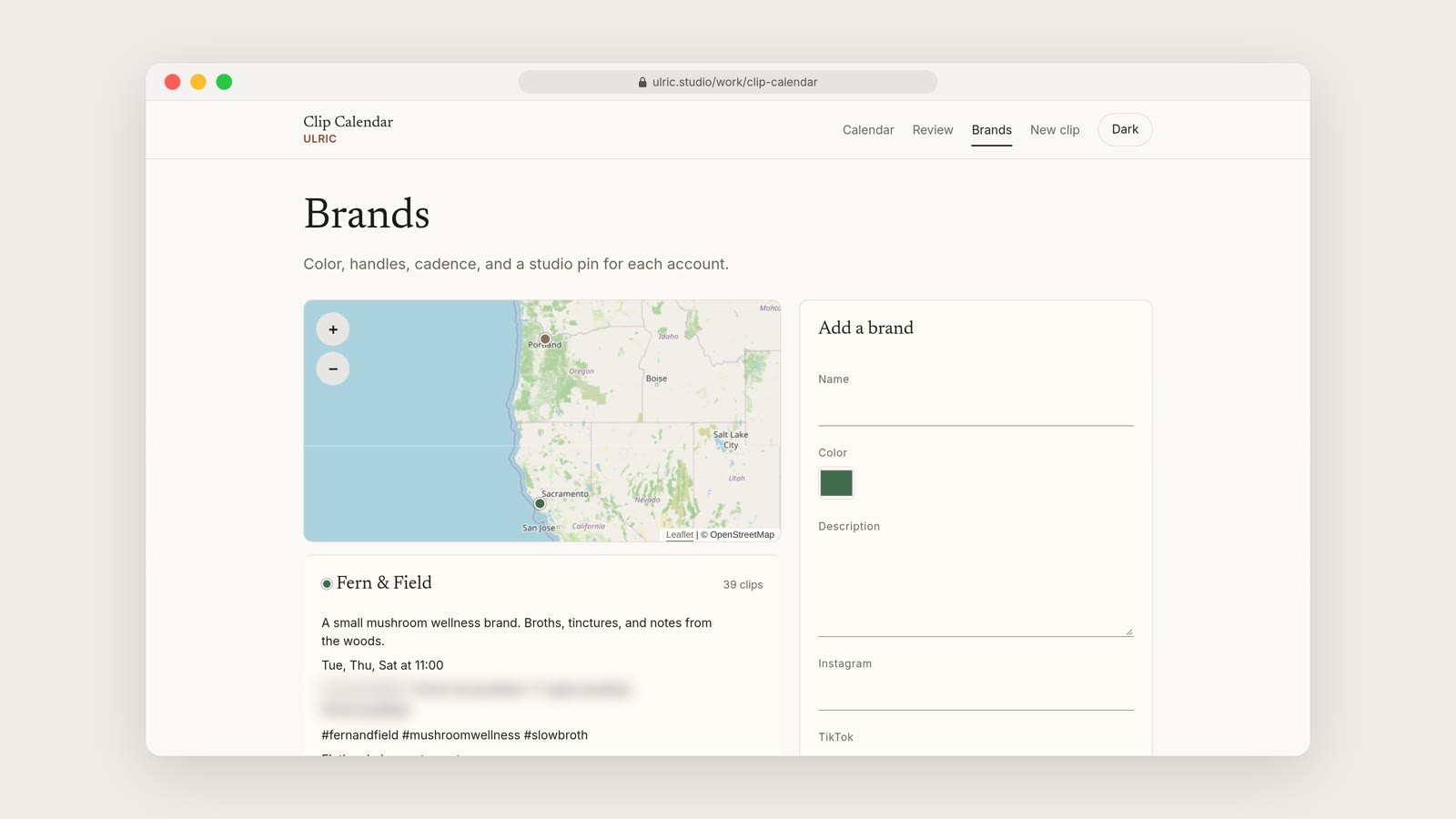 The Brands page showing a brand with its colors, handle and platforms, a map, and an Add a brand form on the right.