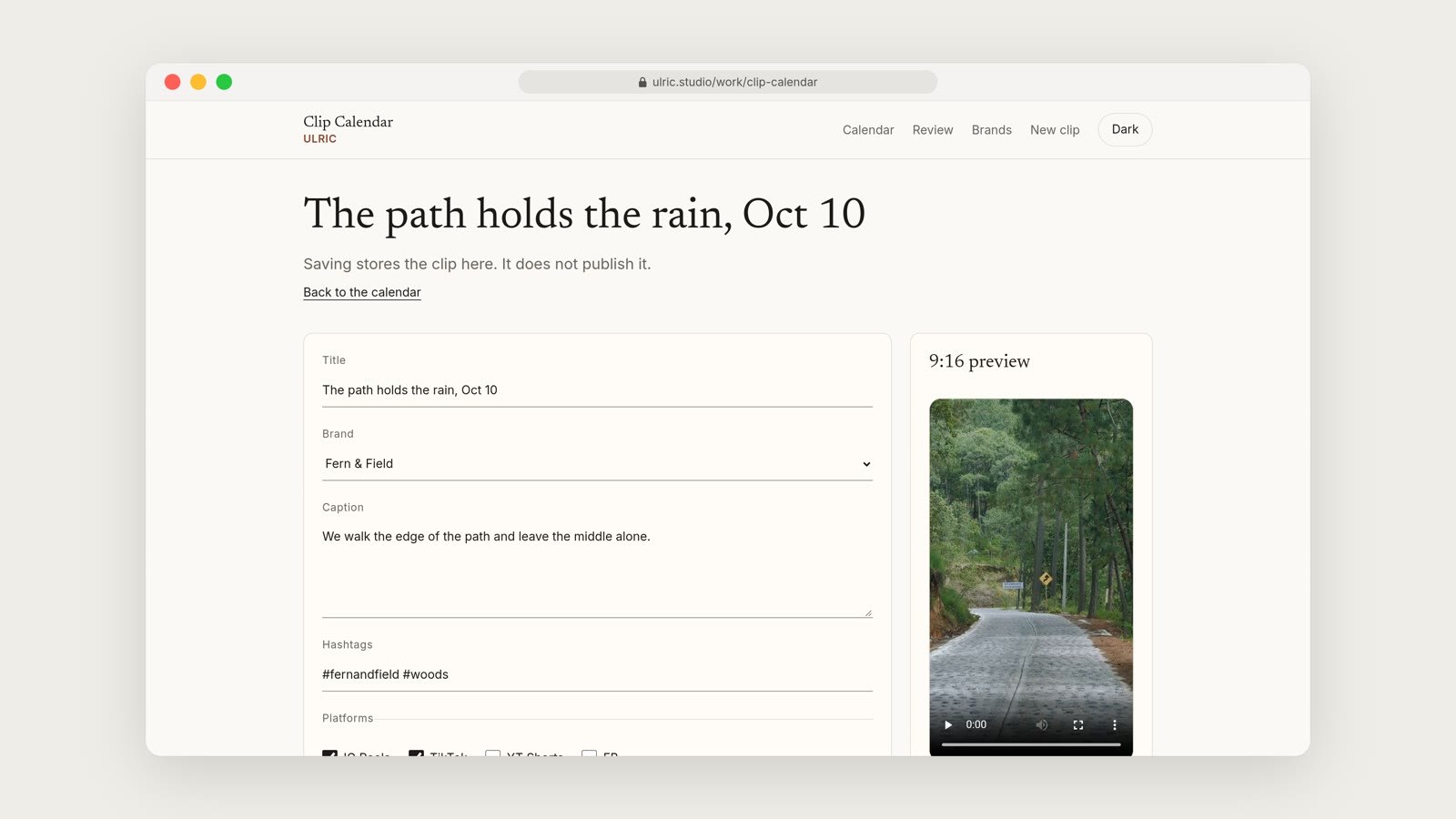 The clip editor for a clip titled The path holds the rain, Oct 10, with fields for caption, hashtags and platforms beside a vertical video preview.