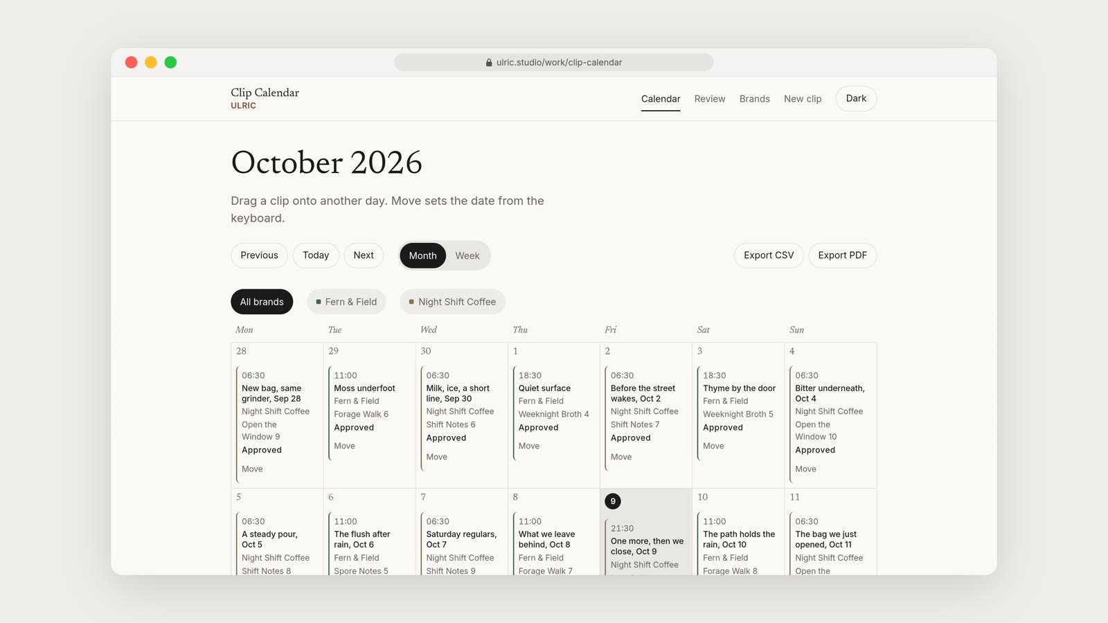 The Clip Calendar month view for October 2026, a grid of days holding scheduled clips, with filter buttons and export options above it.
