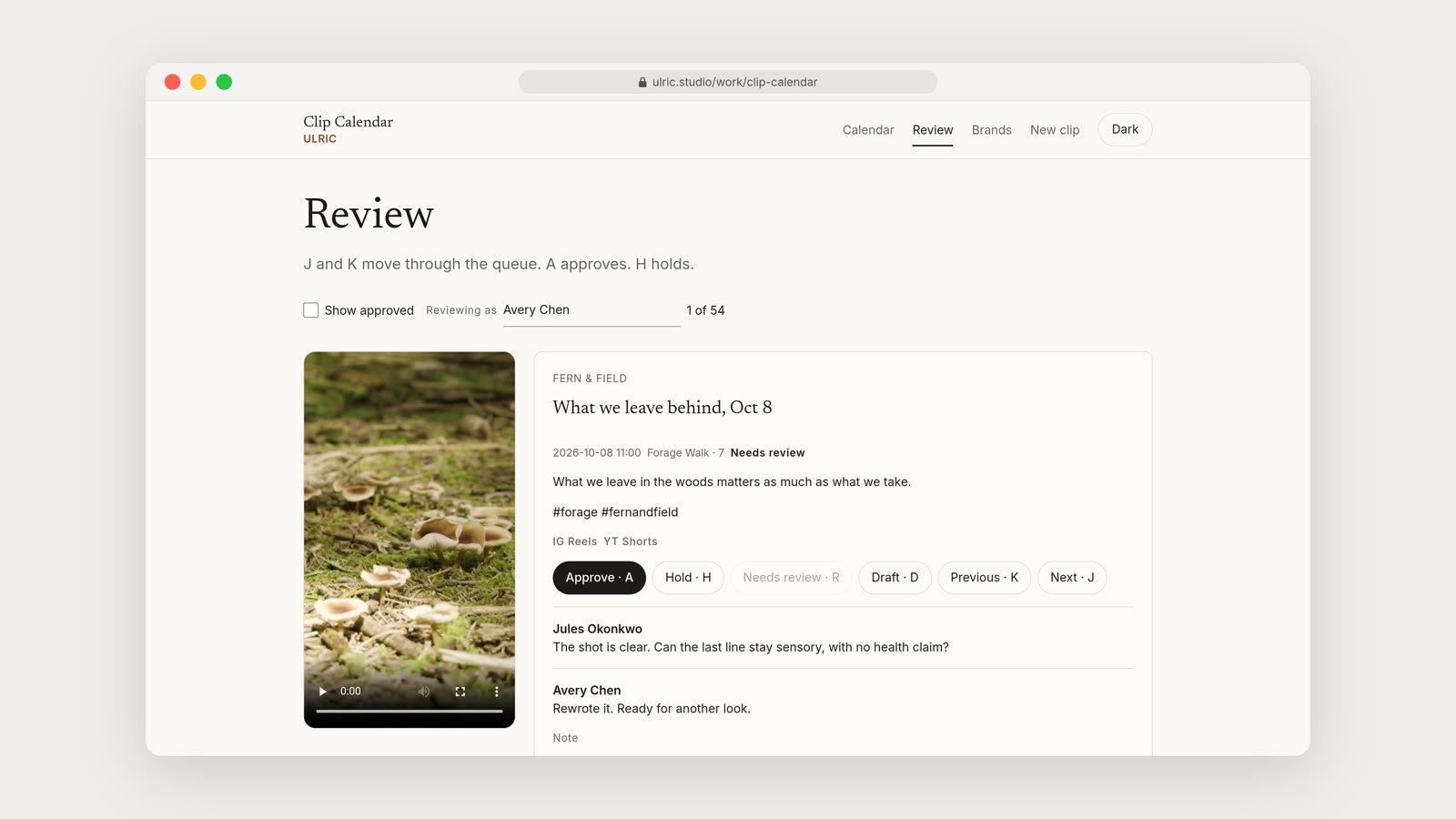 The review queue, headed Review, listing clips with their captions and approval controls beside a video thumbnail.