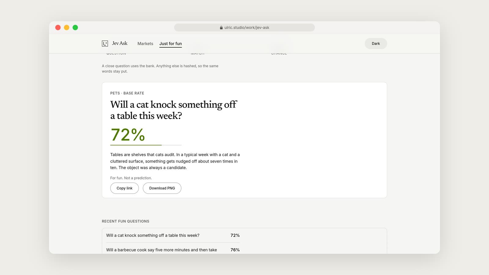 The Jev Ask page answering Will a cat knock something off a table this week? with 72 percent, and a list of recent fun questions with their odds.