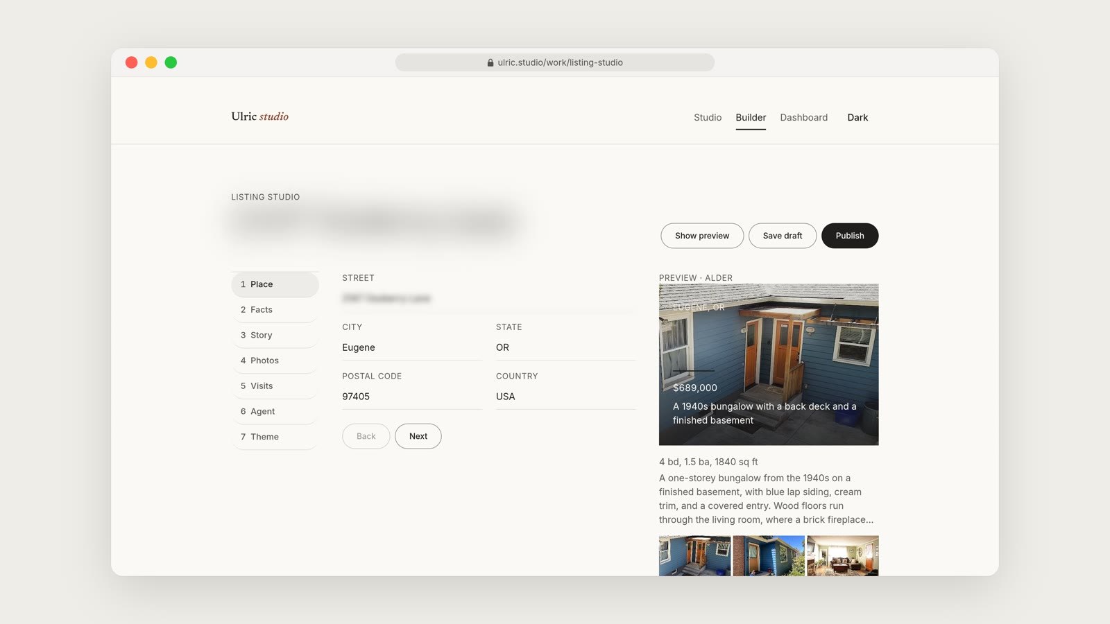 The step-by-step builder, a form for the street address, city, postal code and specs, with a photo preview and a Save listing button on the right.