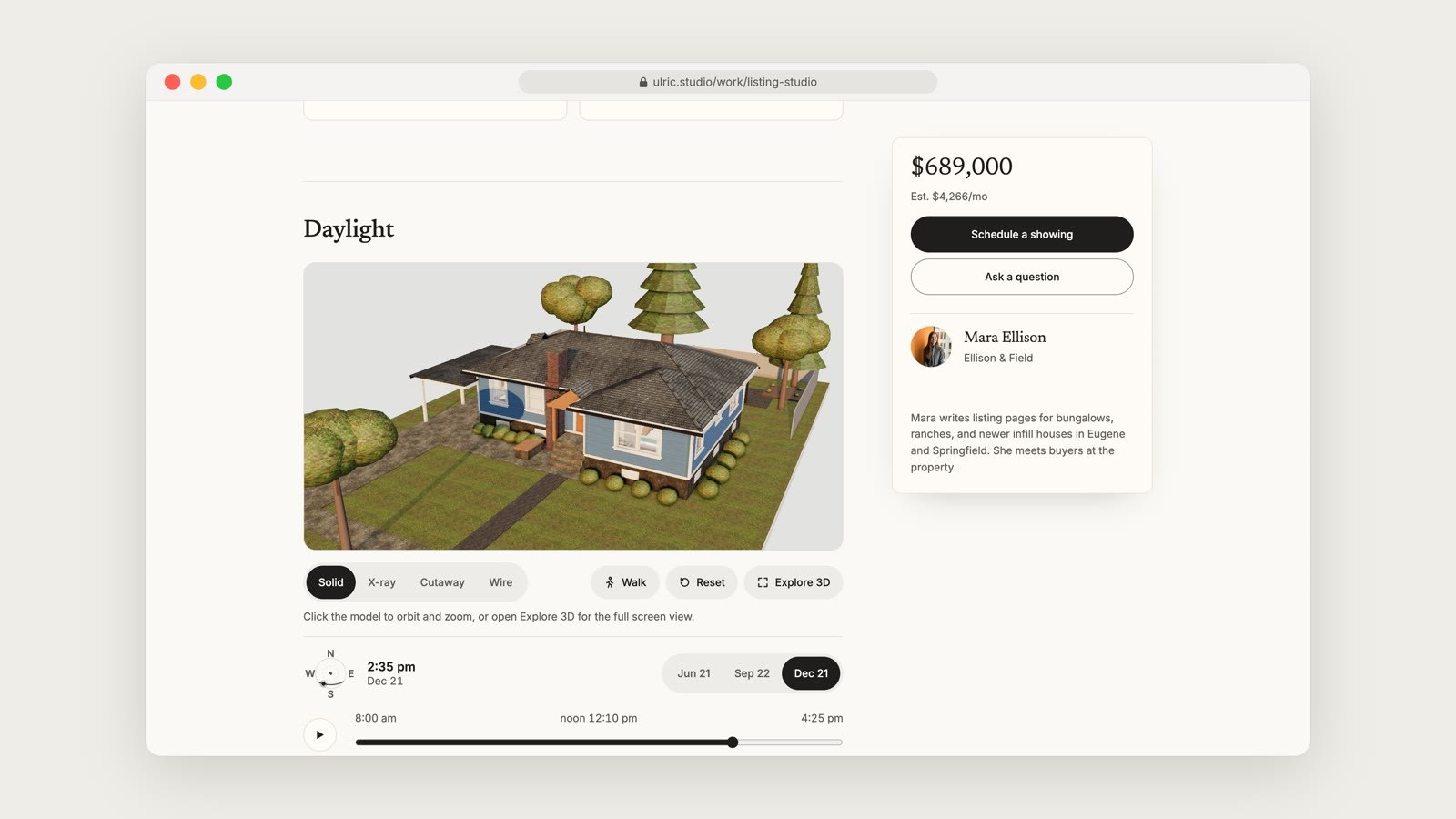 The Listing Studio daylight page in a browser window, with a 3D model of the house on its lawn, a price of $689,000 and a slider for the day of the year.