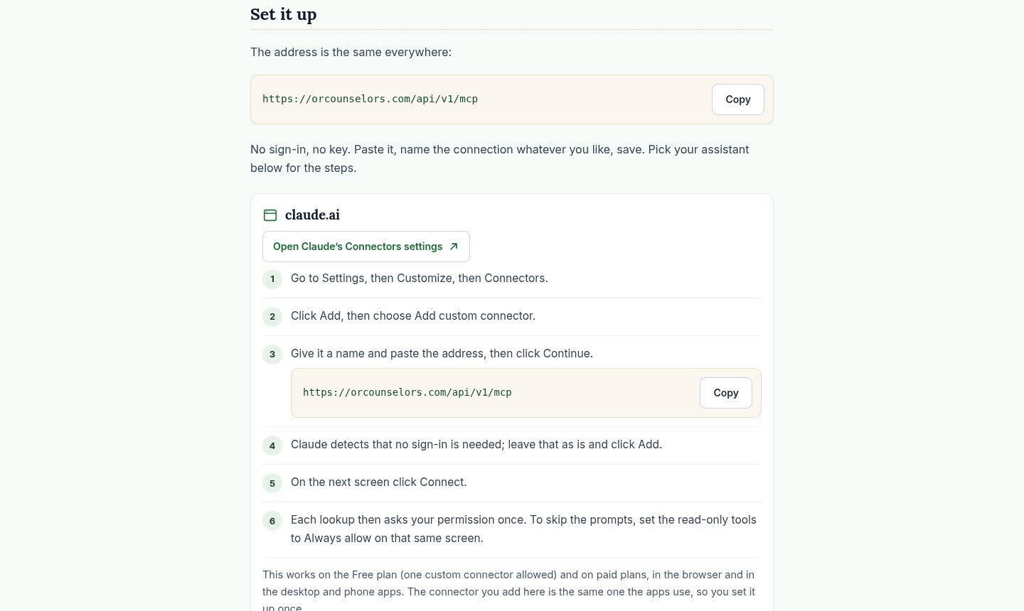 The Set it up page showing the address https://orcounselors.com/api/v1/mcp with a Copy button, and numbered steps for adding it as a connector in claude.ai.