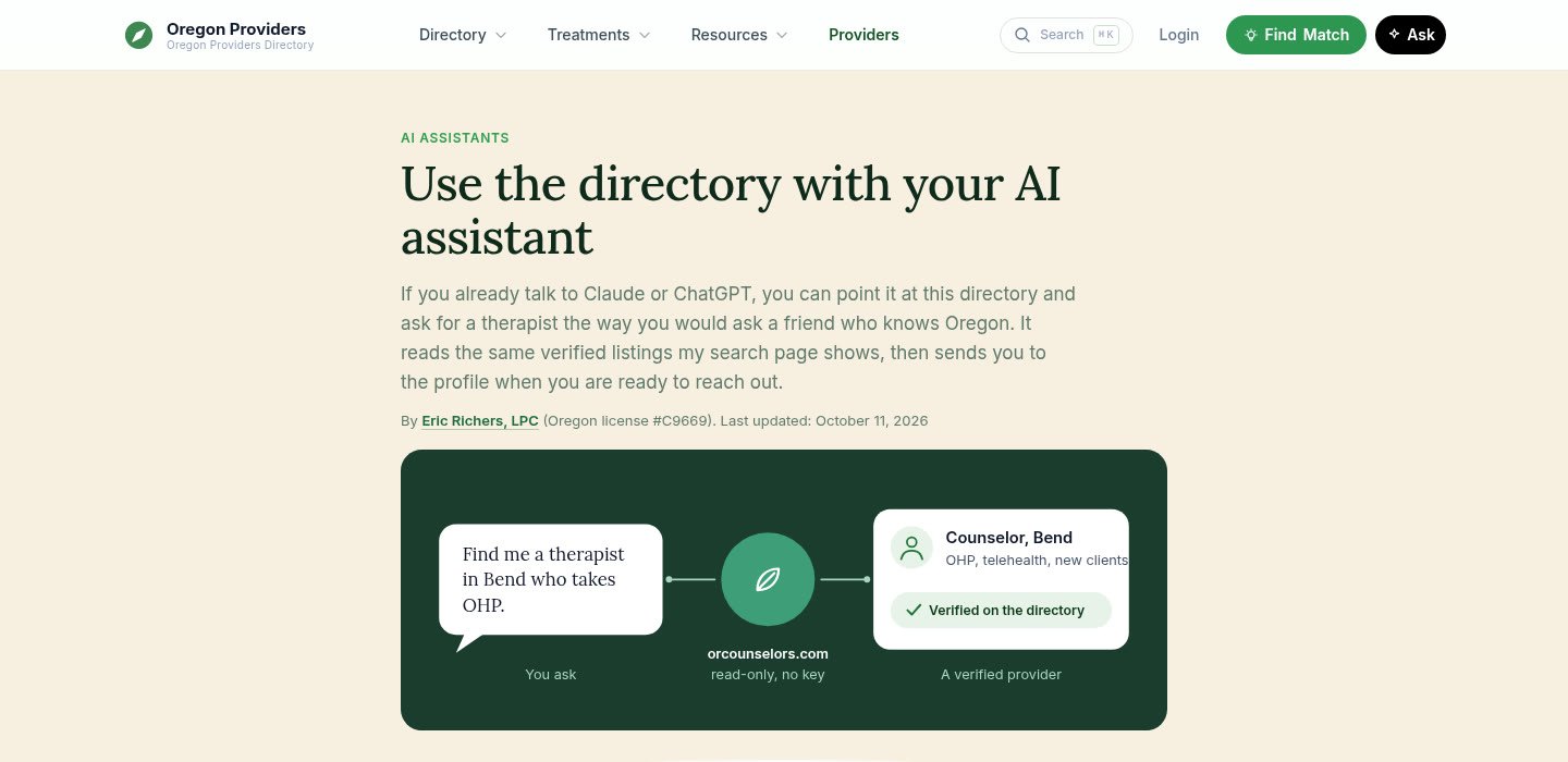 The Oregon Providers page headed Use the directory with your AI assistant, with a diagram of You ask, orcounselors.com reads only, and a verified provider card.