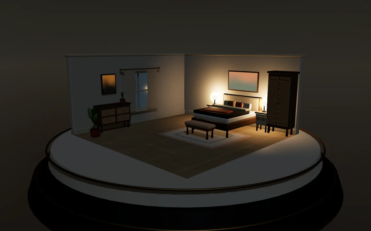 The miniature living room, lit for the evening, on its turntable