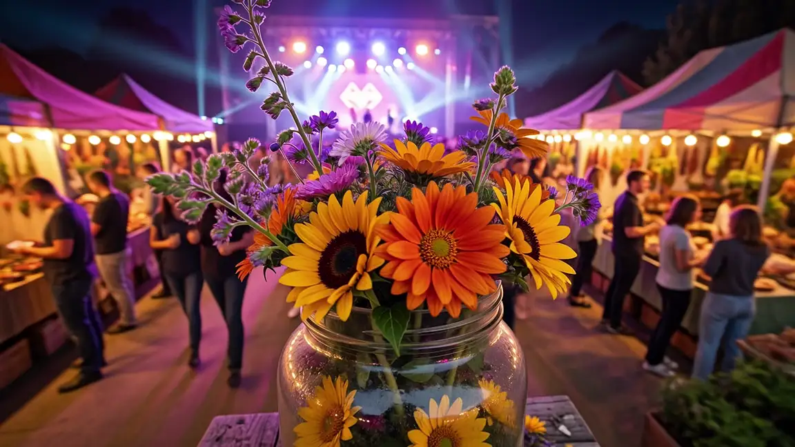 An evening market festival with flower stalls, string lights, a lit stage, and sunflowers in a mason jar