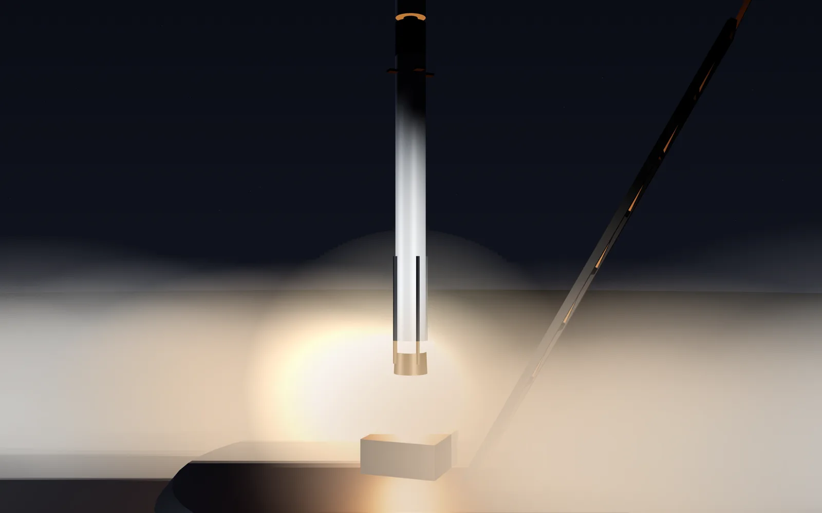 A rocket lifting off a floodlit pad at night, rendered in the browser