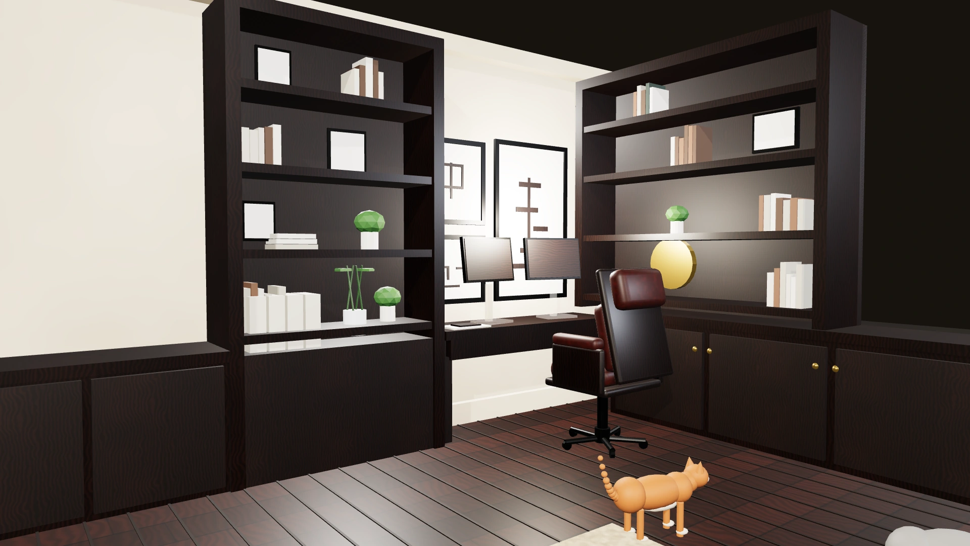 Interior of the Bell House study, walnut shelving on two walls and a leather chair at the desk.