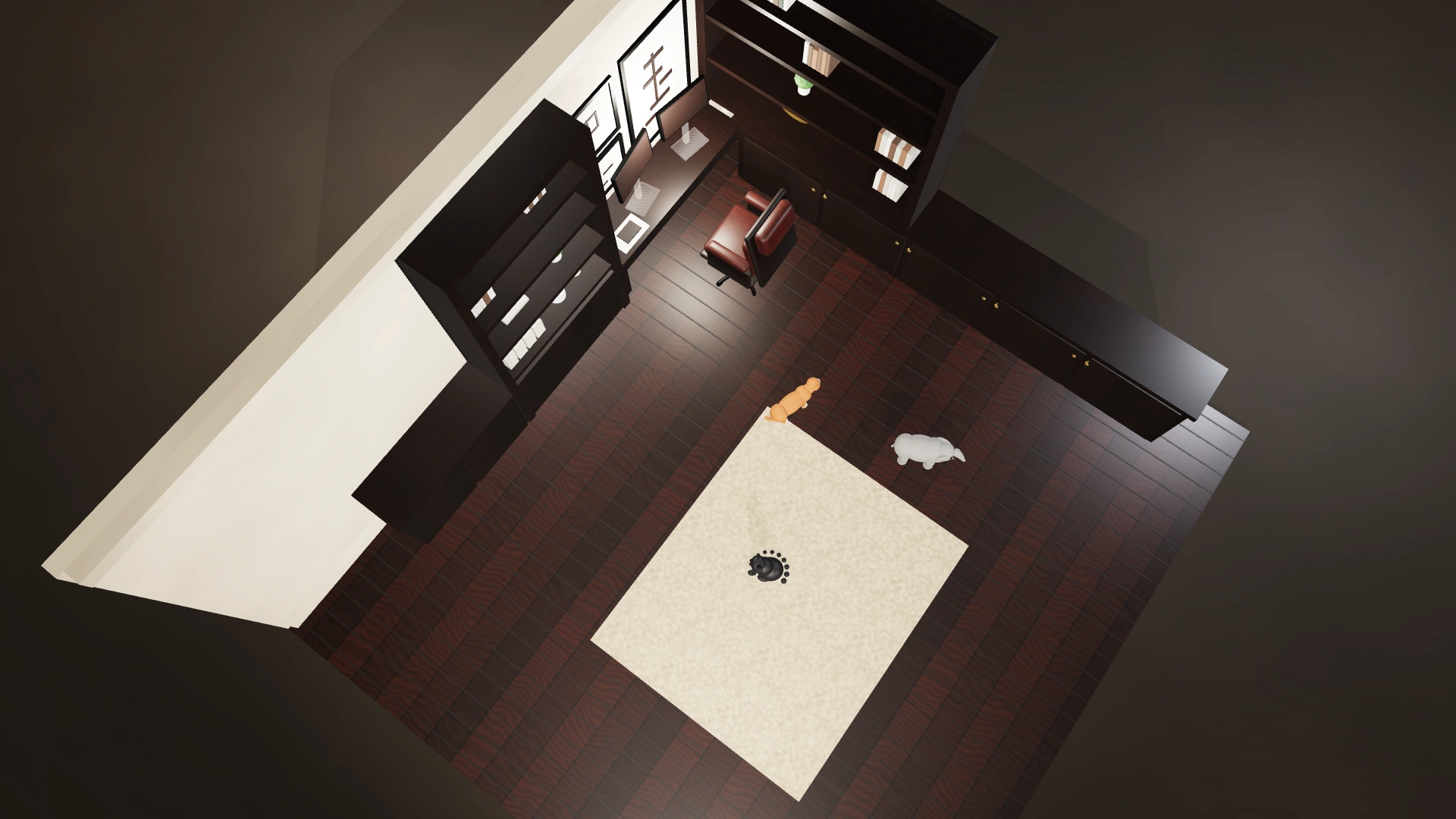 Overhead view of the room showing the rug, desk and circulation path.