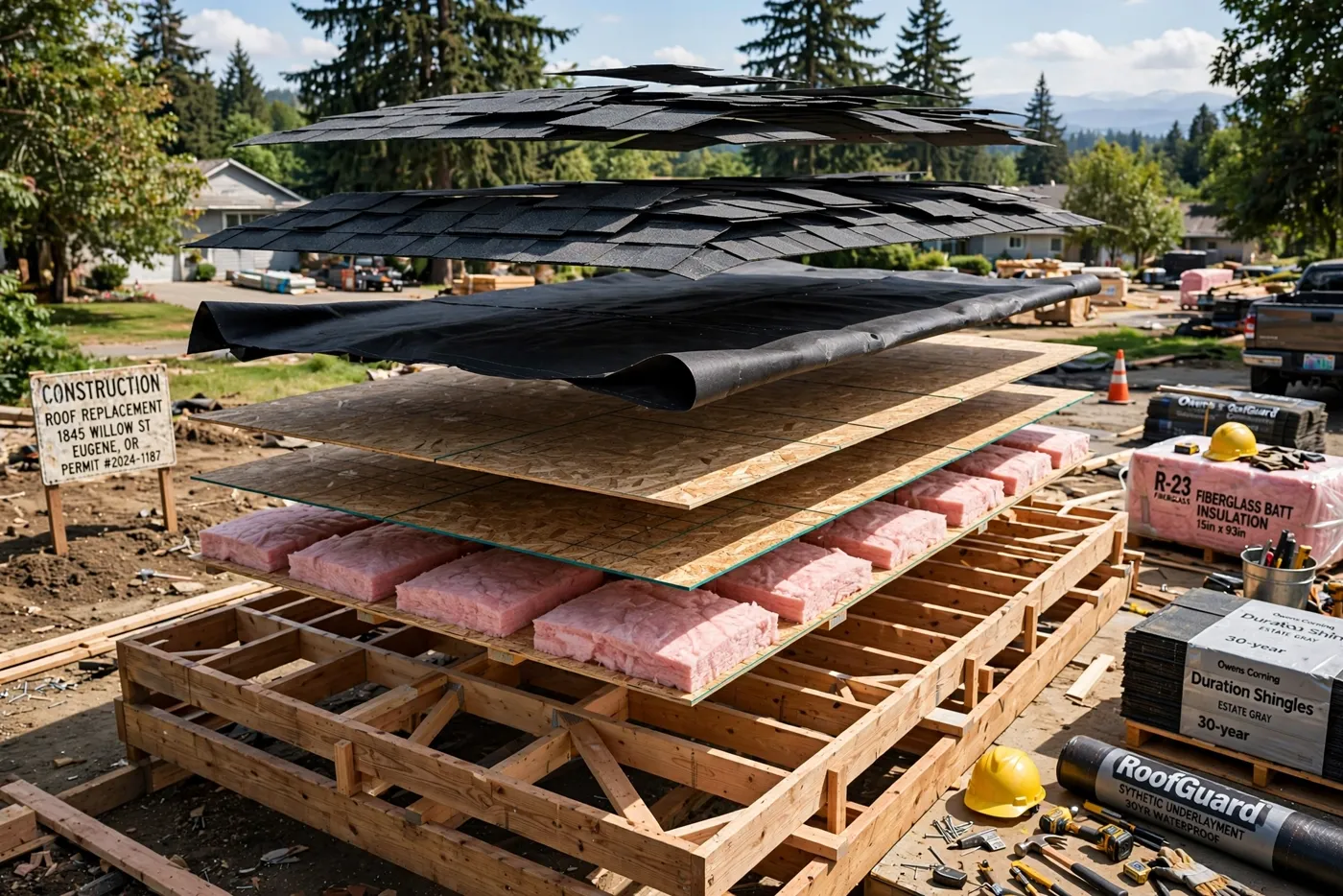 Exploded view of a roof system floating in layers above a job site: trusses, insulation batts, sheathing, underlayment, and shingle courses