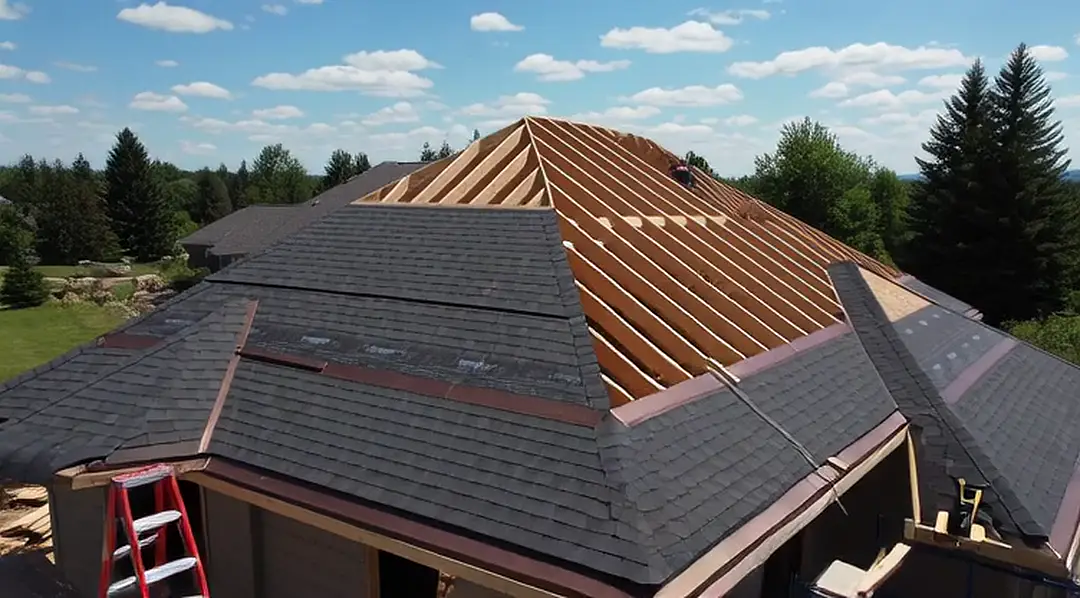 A drone view of a hip roof being shingled, courses of dark shingles going on over new decking