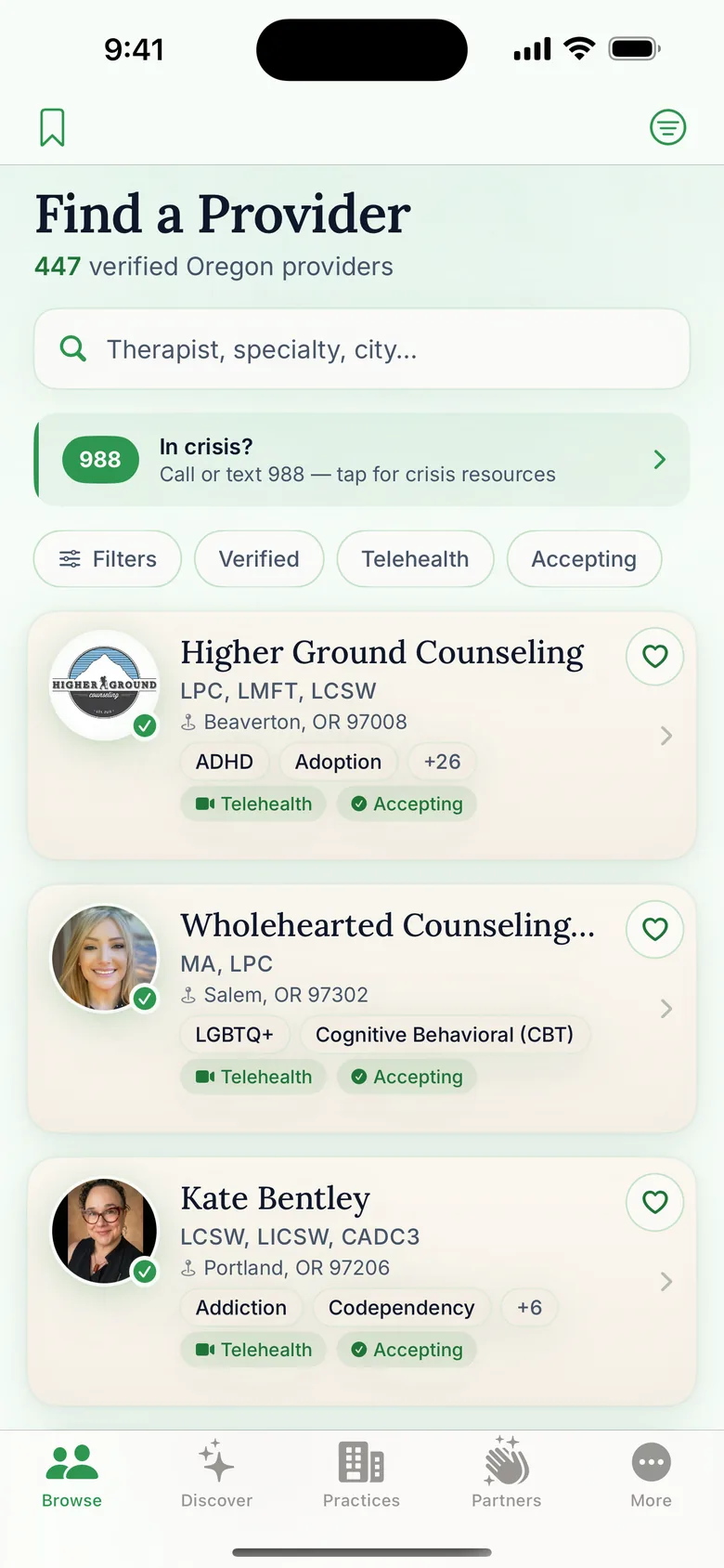 Browse tab: specialties and cities