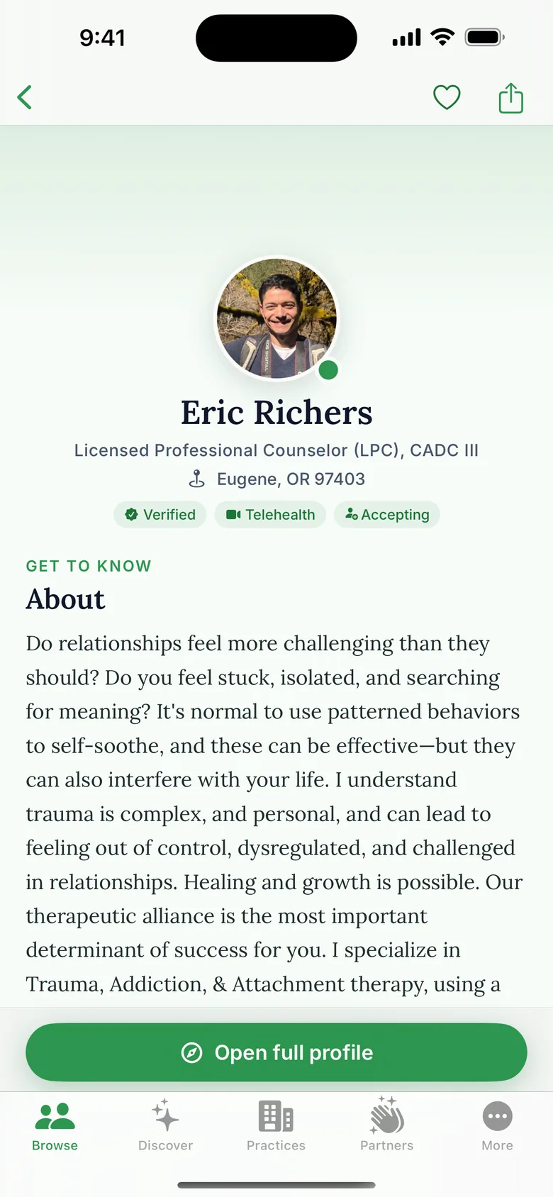 A provider profile in the app