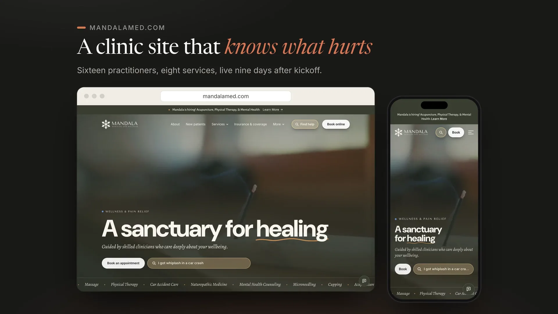 The Mandala Medicine site on a desktop and a phone: practitioners, services, and booking