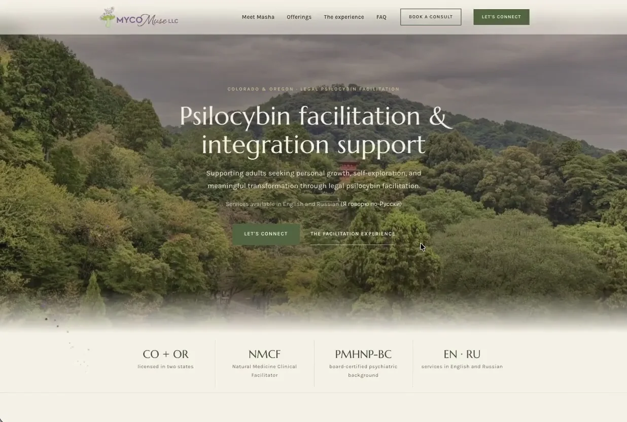 A walk through mycomusecolorado.com, a psychedelic-integration practice site on the engine
