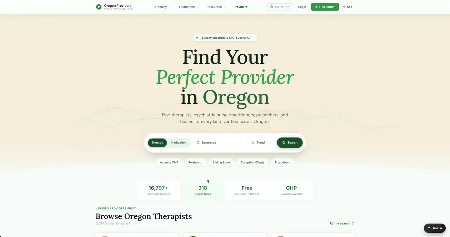 A walk through orcounselors.com, the directory, on a desktop