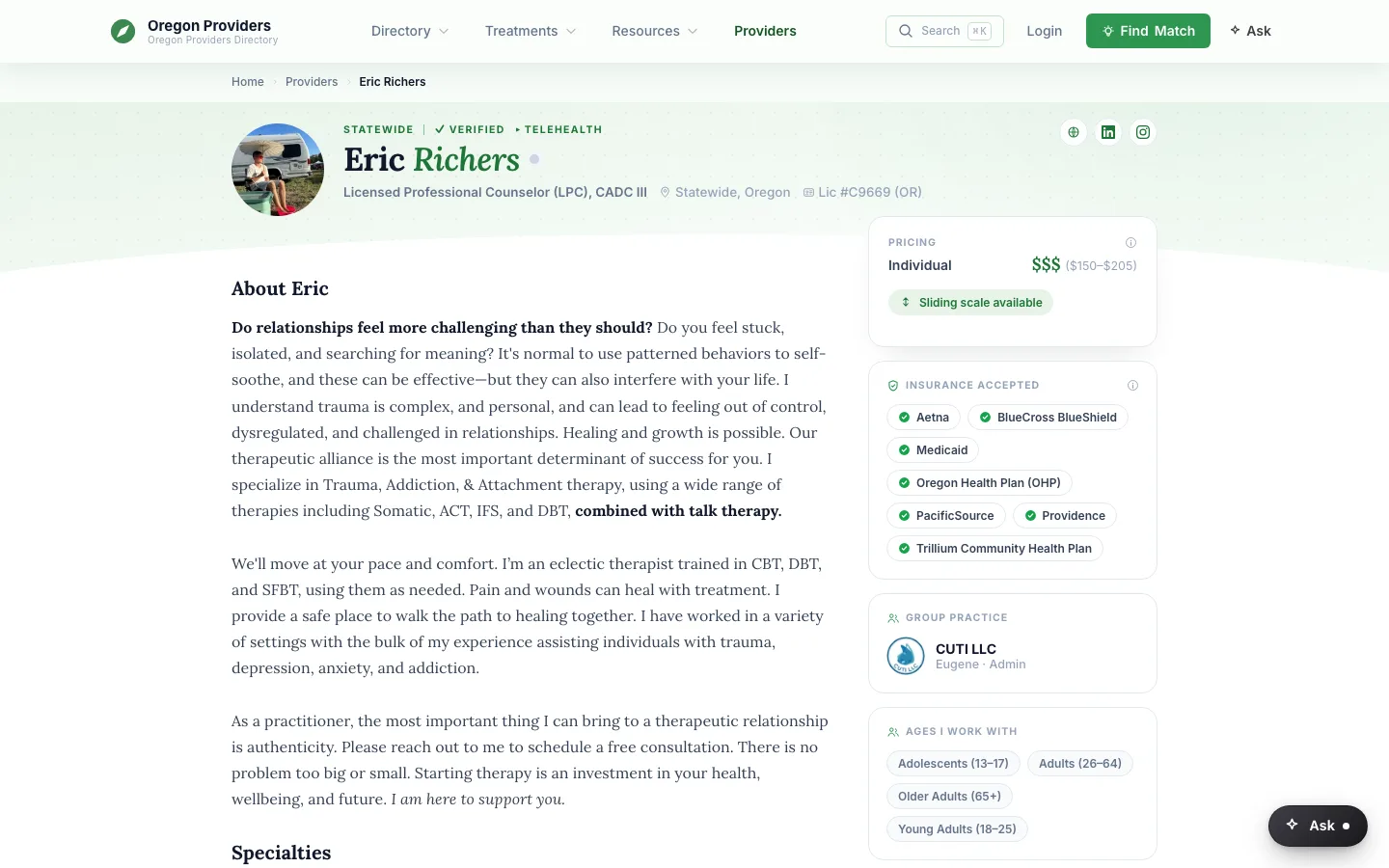 orcounselors.com landing on a desktop