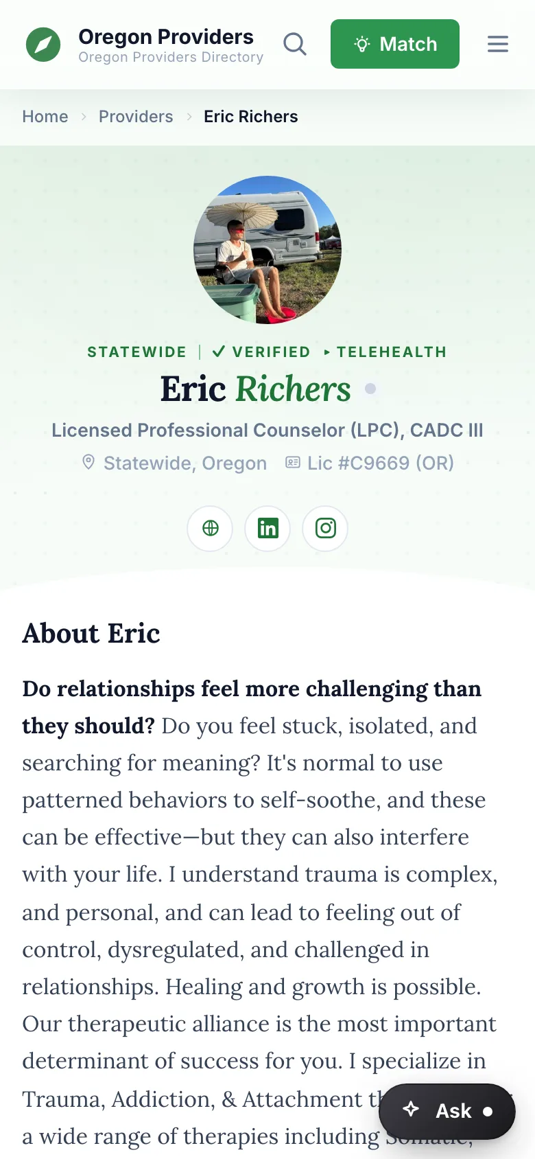 A provider profile on a phone