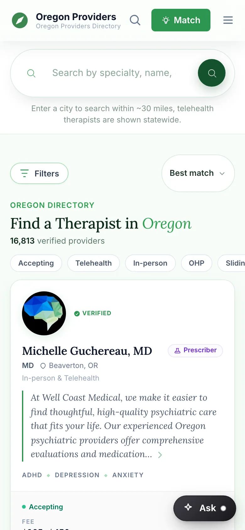 The providers list on a phone
