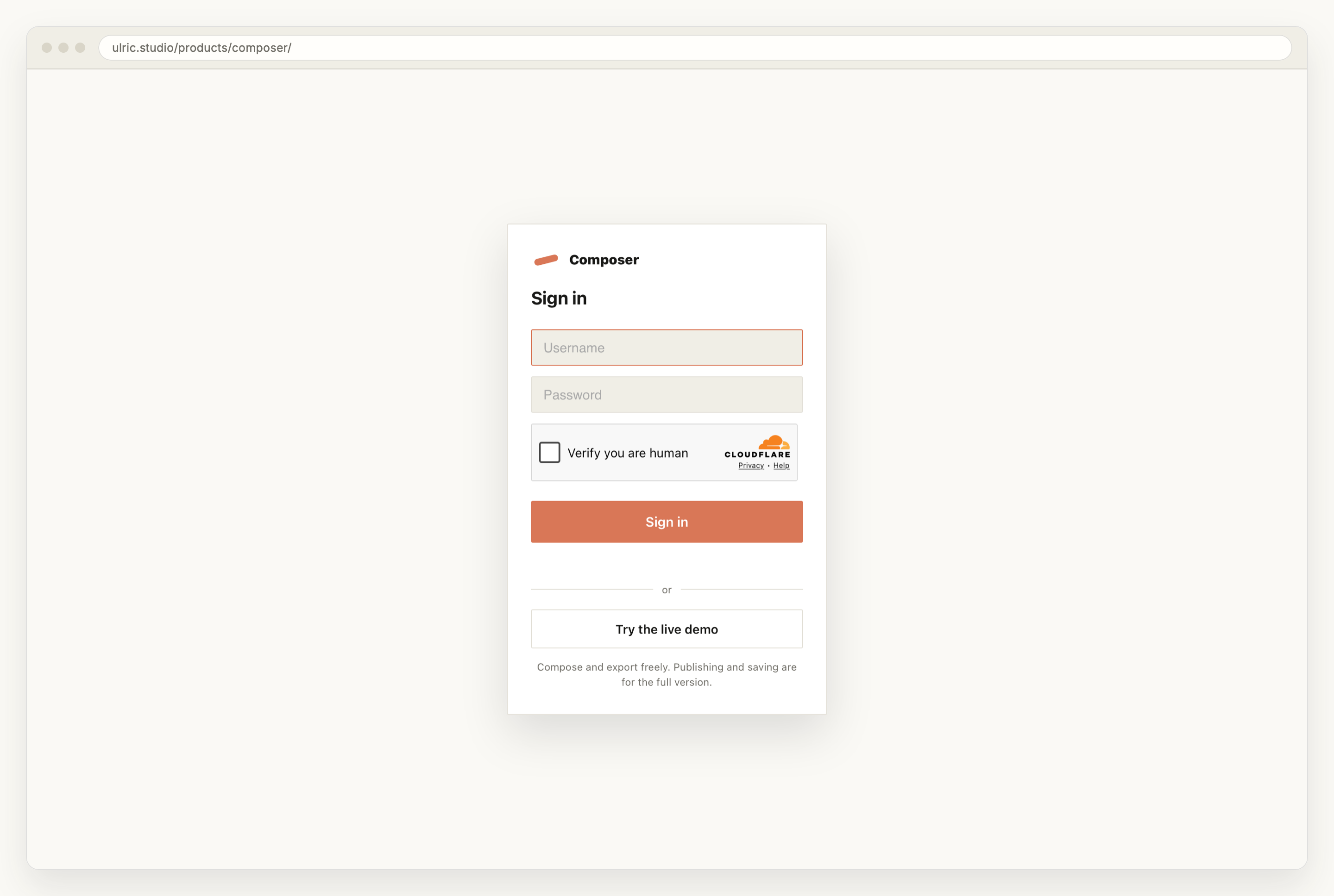 The composer sign-in card on ulric.studio: a Composer wordmark, username and password fields, a human verification checkbox, and below a divider a button reading Try the live demo with a note that composing and exporting are open while publishing and saving are for the full version.