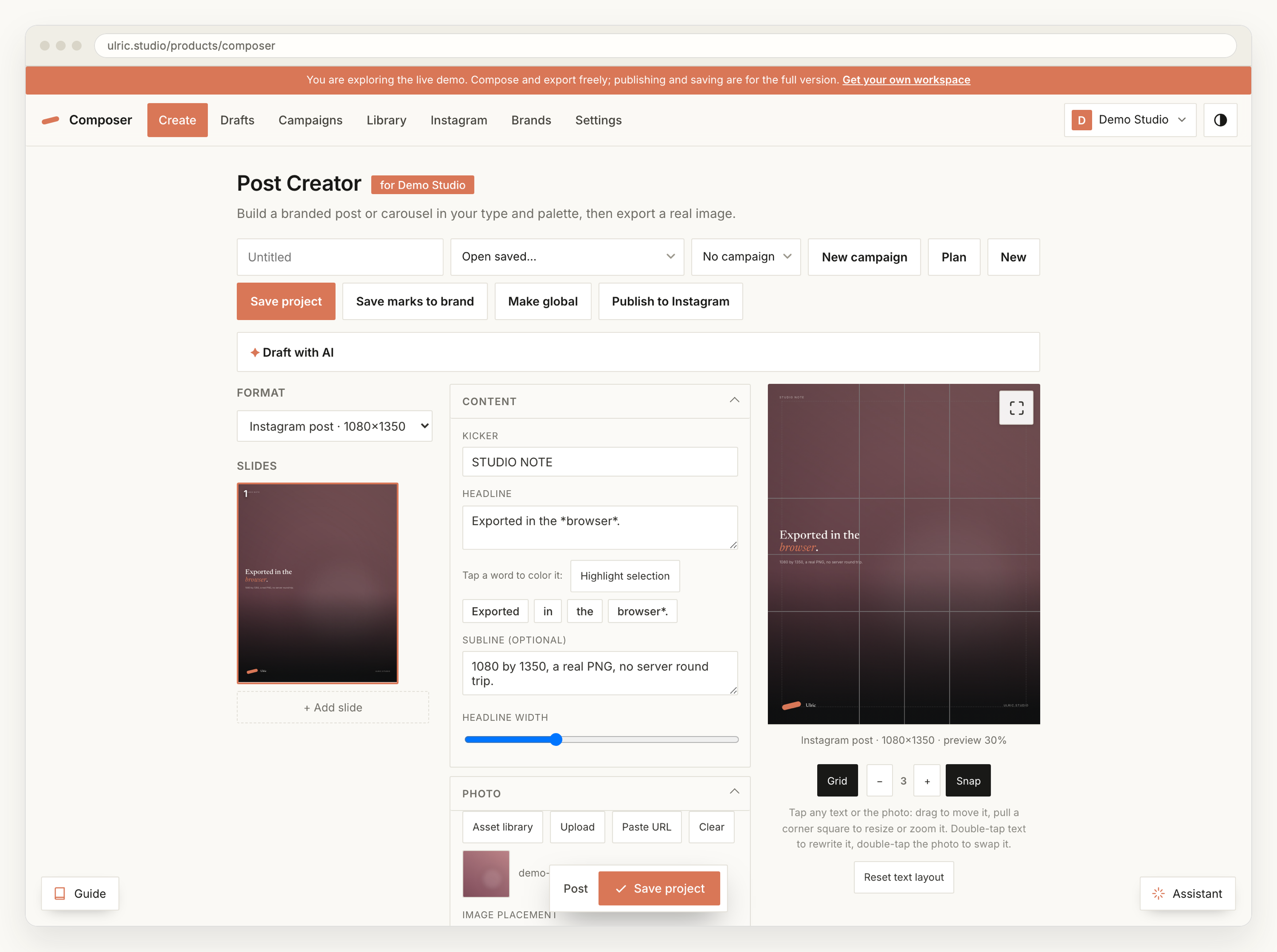 The Post Creator on the live composer: a slides rail on the left, kicker, headline and subline fields in the middle, and a dark 1080 by 1350 preview on the right showing the headline Exported in the browser with an accent word in terracotta italic.