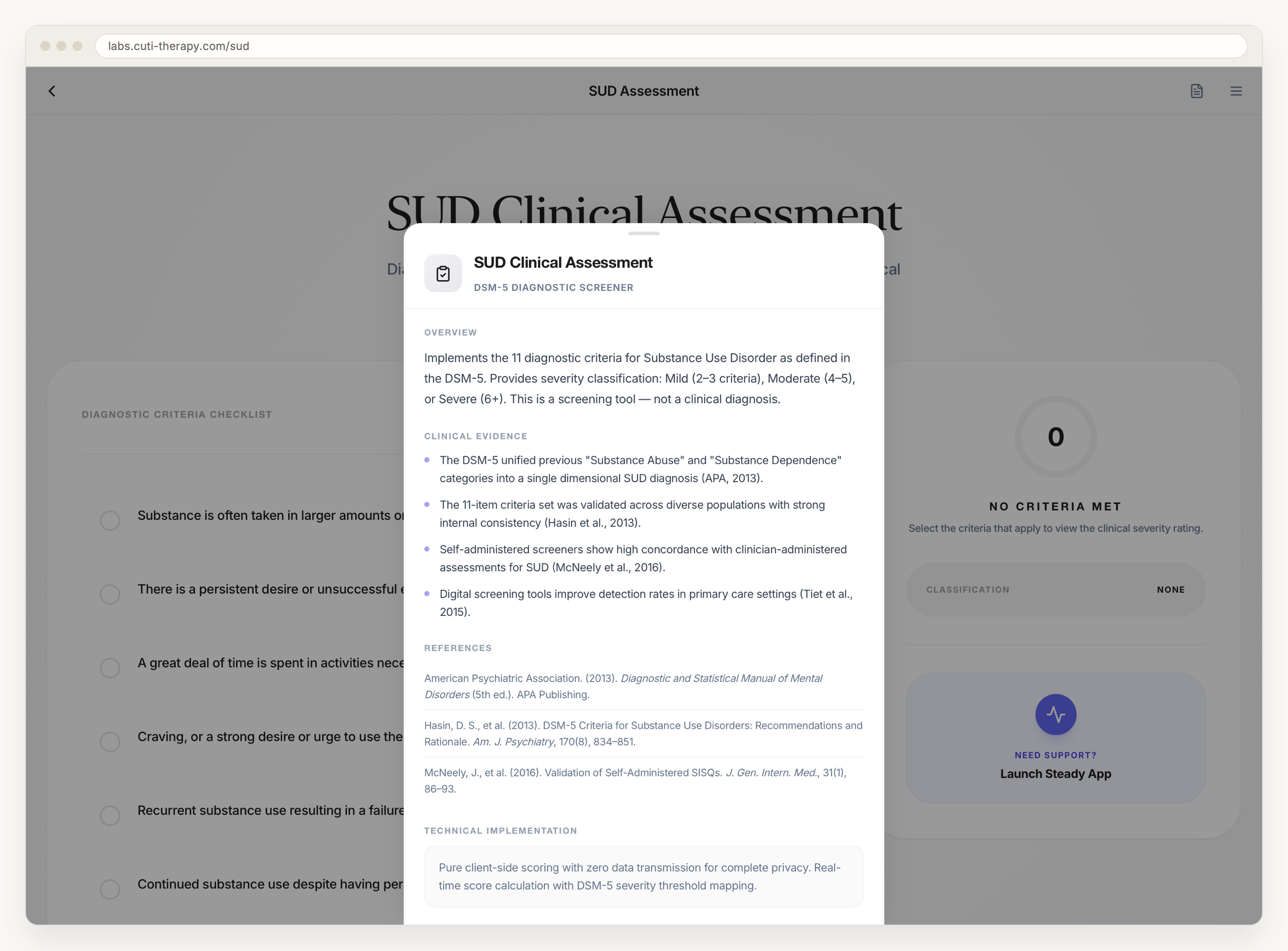 The evidence sheet of the DSM-5 screener, opened over the tool: an overview section, a clinical evidence section citing four papers, a reference list including the DSM-5 itself and Hasin and colleagues 2013, and a technical implementation note reading pure client-side scoring with zero data transmission.