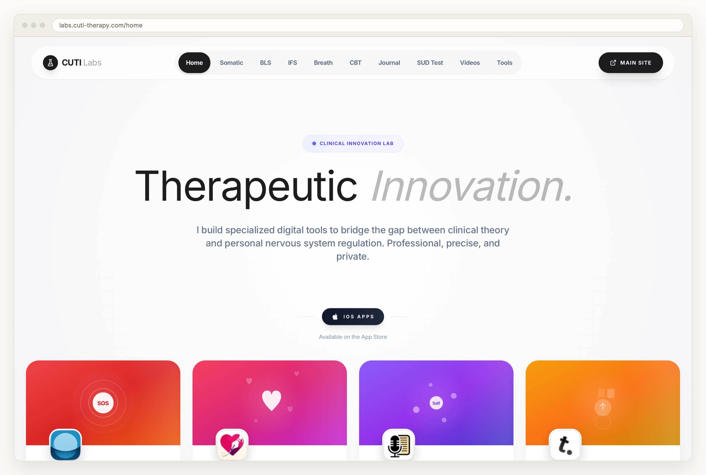 The CUTI Labs home page in a browser window: a navigation bar listing Somatic, BLS, IFS, Breath, CBT, Journal, SUD Test, Videos and Tools, a headline reading Therapeutic Innovation, and a line saying I build specialized digital tools to bridge the gap between clinical theory and personal nervous system regulation.
