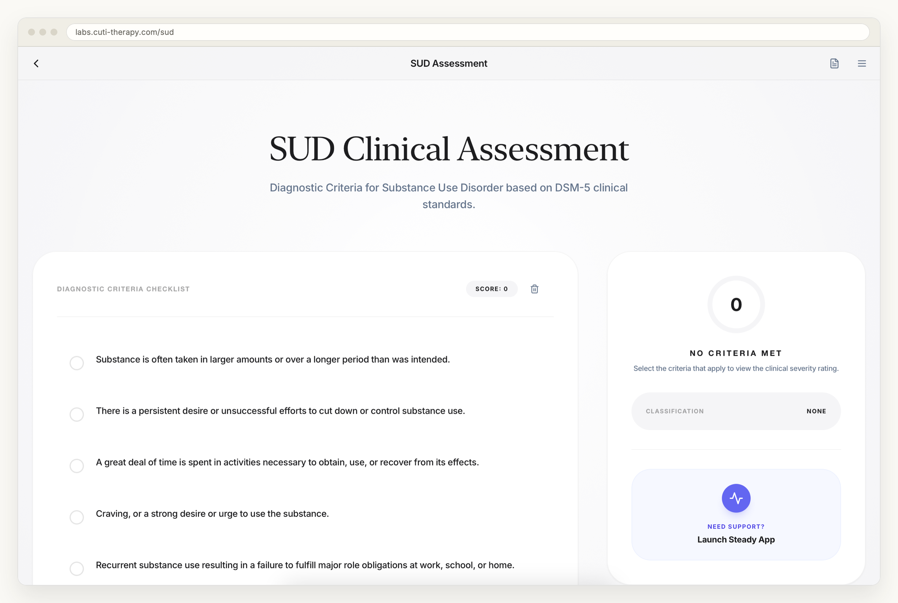 The DSM-5 criteria checklist in a browser window, in its empty state: eleven criteria as unchecked circles, a score badge reading Score 0 with a reset icon beside it, and a result card reading No Criteria Met with the classification set to none.