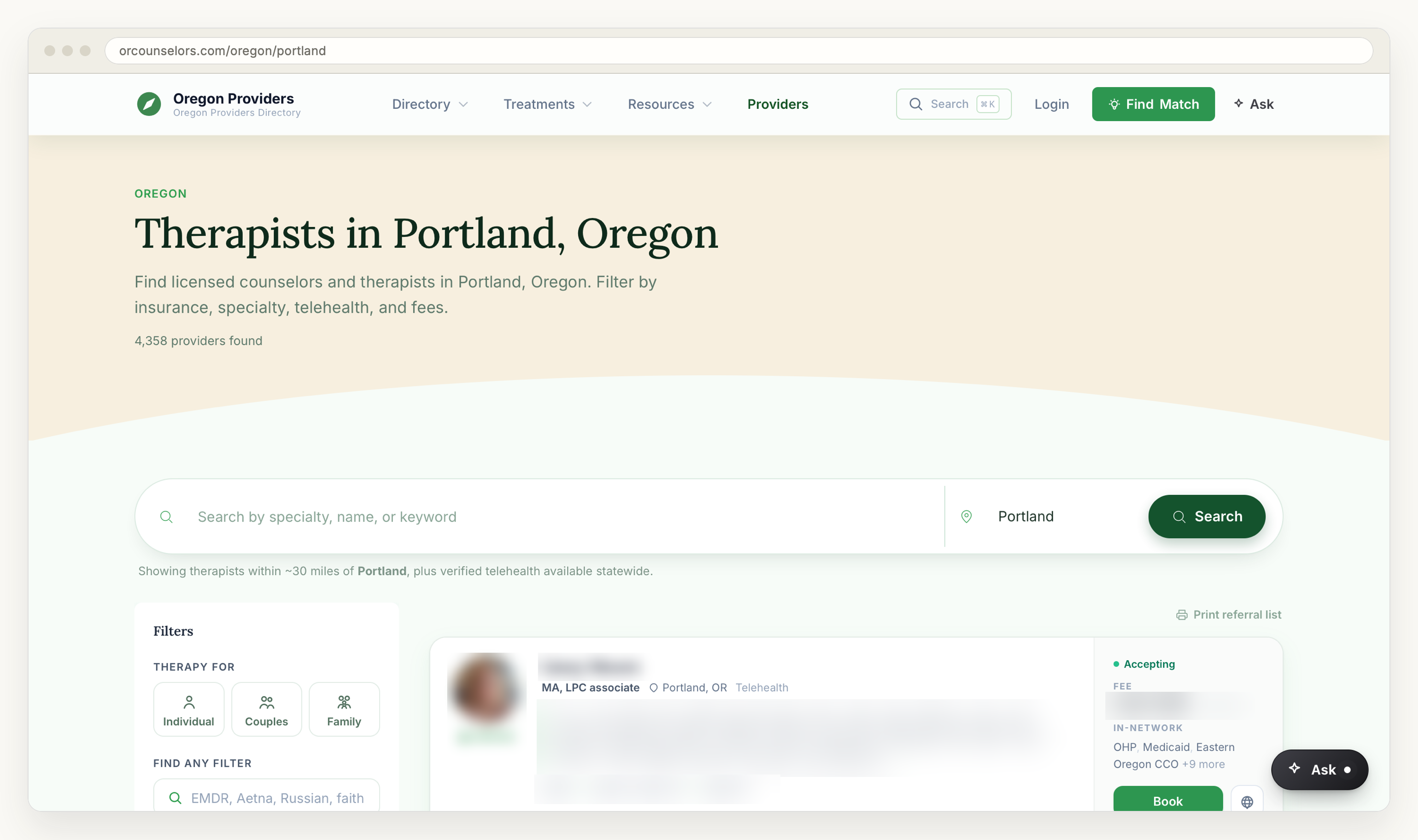 A city hub page for Portland, Oregon, with a count of providers found, the two-box search below it, a line explaining that results cover about thirty miles plus verified telehealth statewide, and a result card whose name, photograph, biography text, fee range and specialty tags are blurred