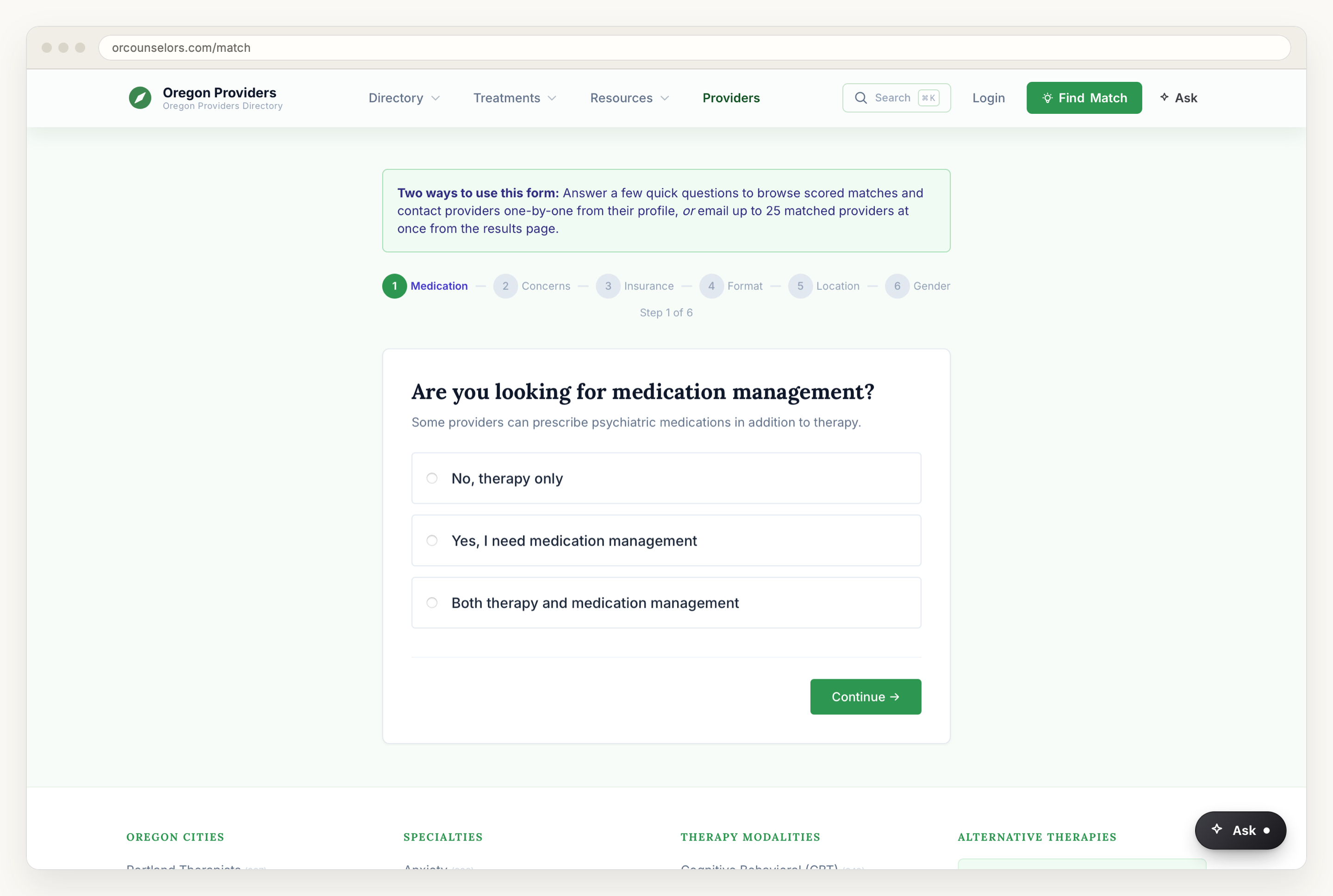 Step one of the six-step match wizard, asking whether the person is looking for medication management, with three answers and a step indicator reading medication, concerns, insurance, format, location, gender