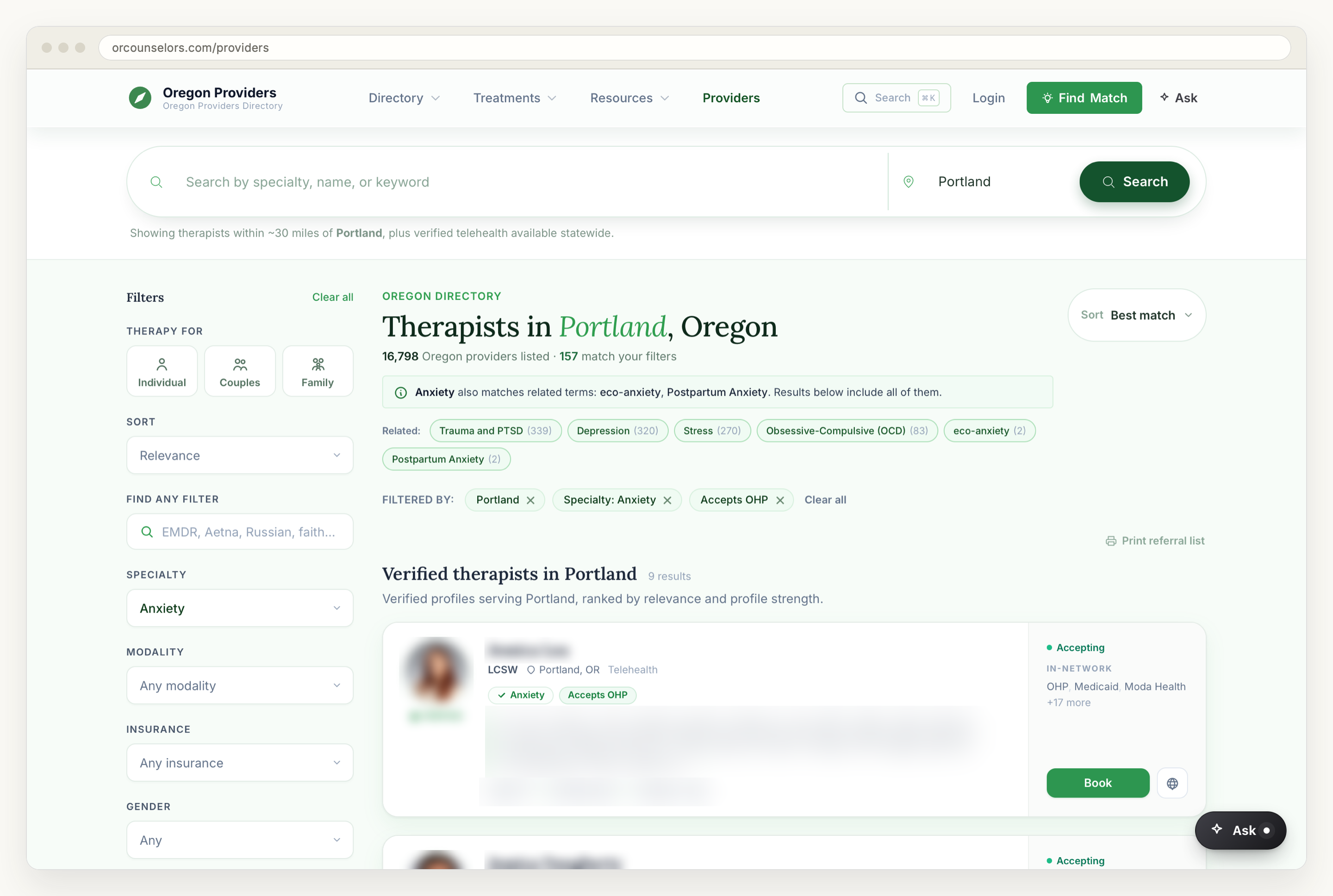 The Oregon directory search results for anxiety in Portland with the Accepts OHP filter on, showing 157 matches out of 16,798 listed providers on 4 September 2026, a filter rail down the left, and result cards whose names, photographs, biography text and specialty tags are blurred