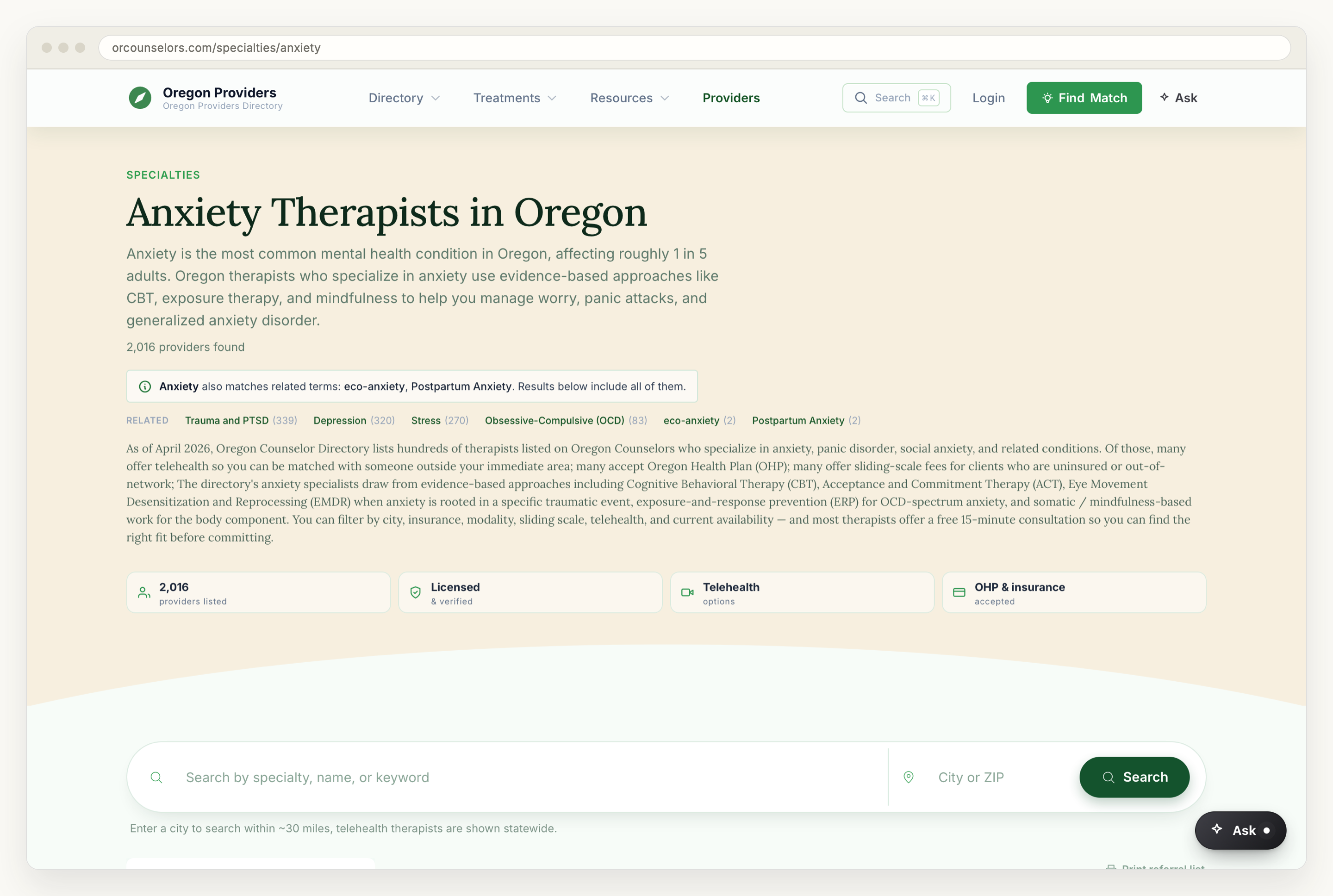 A specialty hub page for anxiety therapists in Oregon, with a count of providers found, a note that the term also matches related terms, a row of related specialties with their own counts, and a search box below