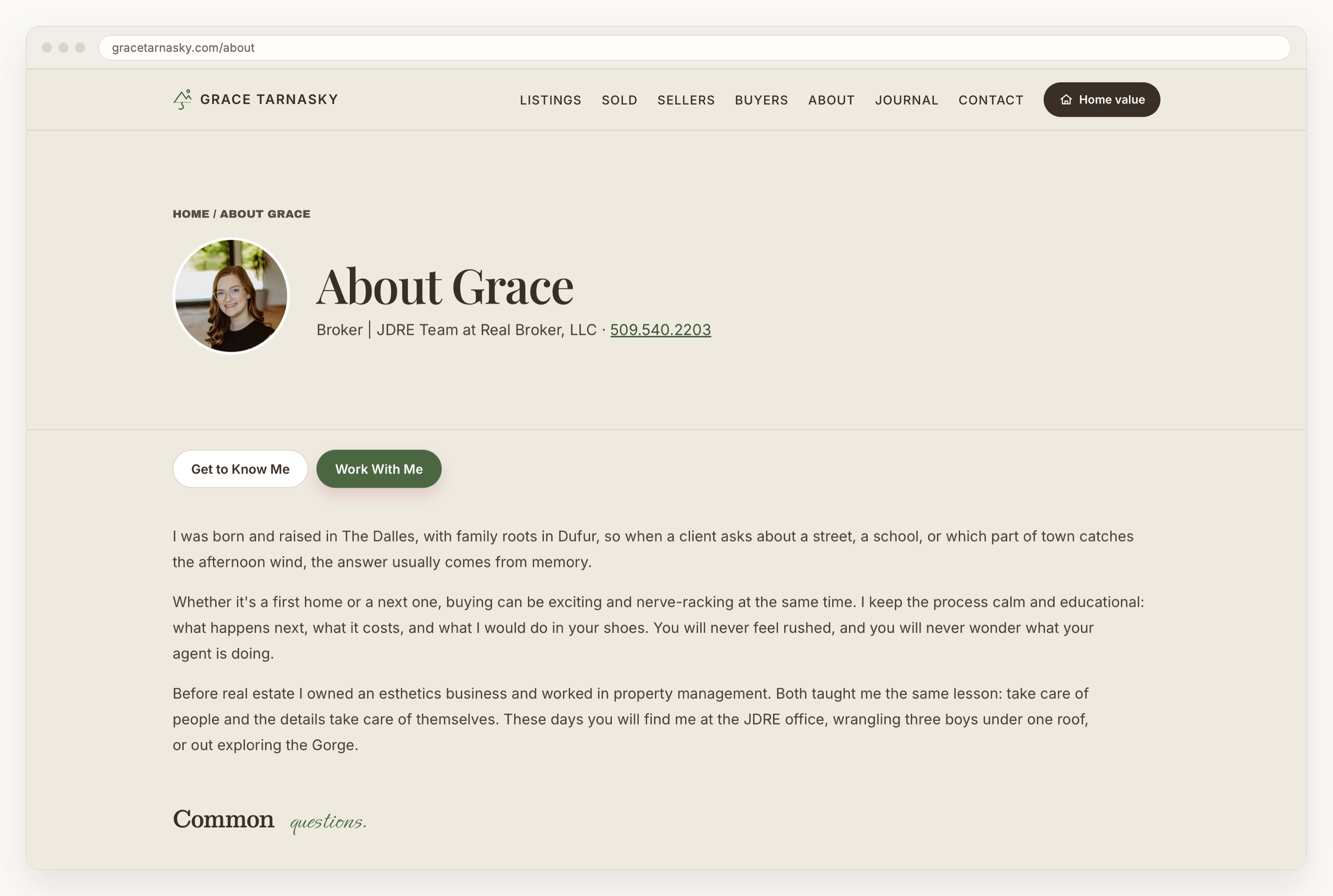 The about page of gracetarnasky.com in a browser window: a round portrait beside the heading About Grace, her broker line, two chips reading Get to Know Me and Work With Me, and three paragraphs of her own biography.