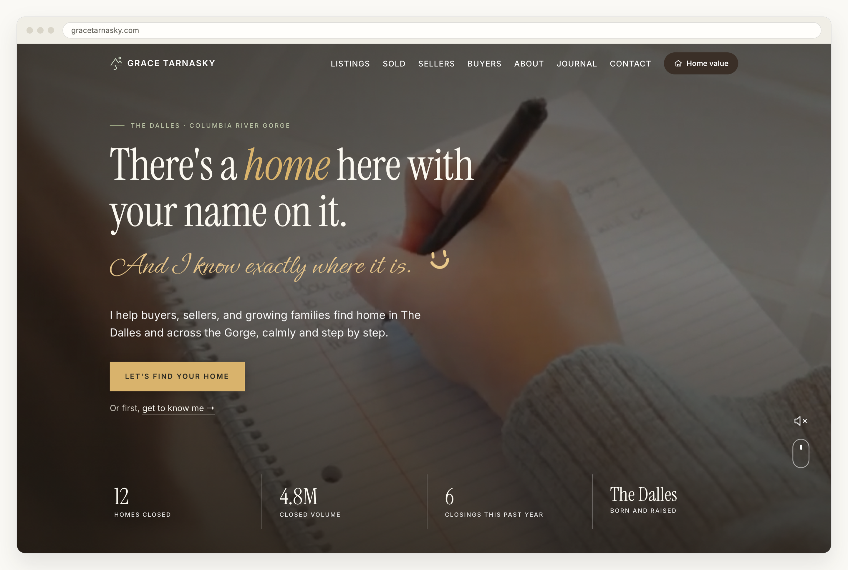 The home page of gracetarnasky.com in a browser window: a full-bleed video of a hand writing in a notebook behind the headline There's a home here with your name on it, a gold script line reading And I know exactly where it is, one gold button, and a row of four statistics along the bottom.
