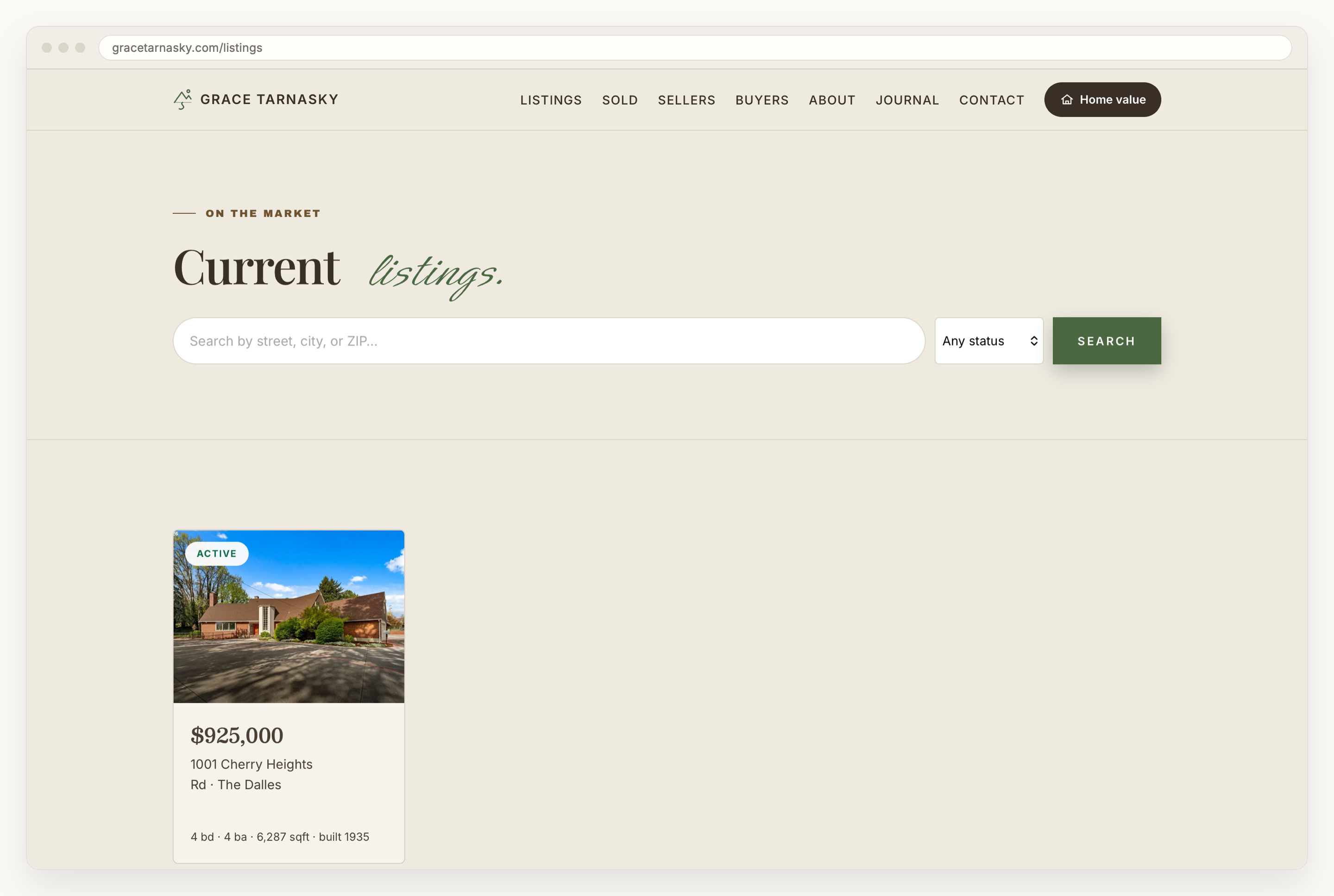 The listings index of gracetarnasky.com in a browser window: the heading Current listings, a search field reading Search by street, city, or ZIP, a status menu set to Any status, and one card showing an active home in The Dalles at $925,000 with four bedrooms, four bathrooms, 6,287 square feet and a build year of 1935.