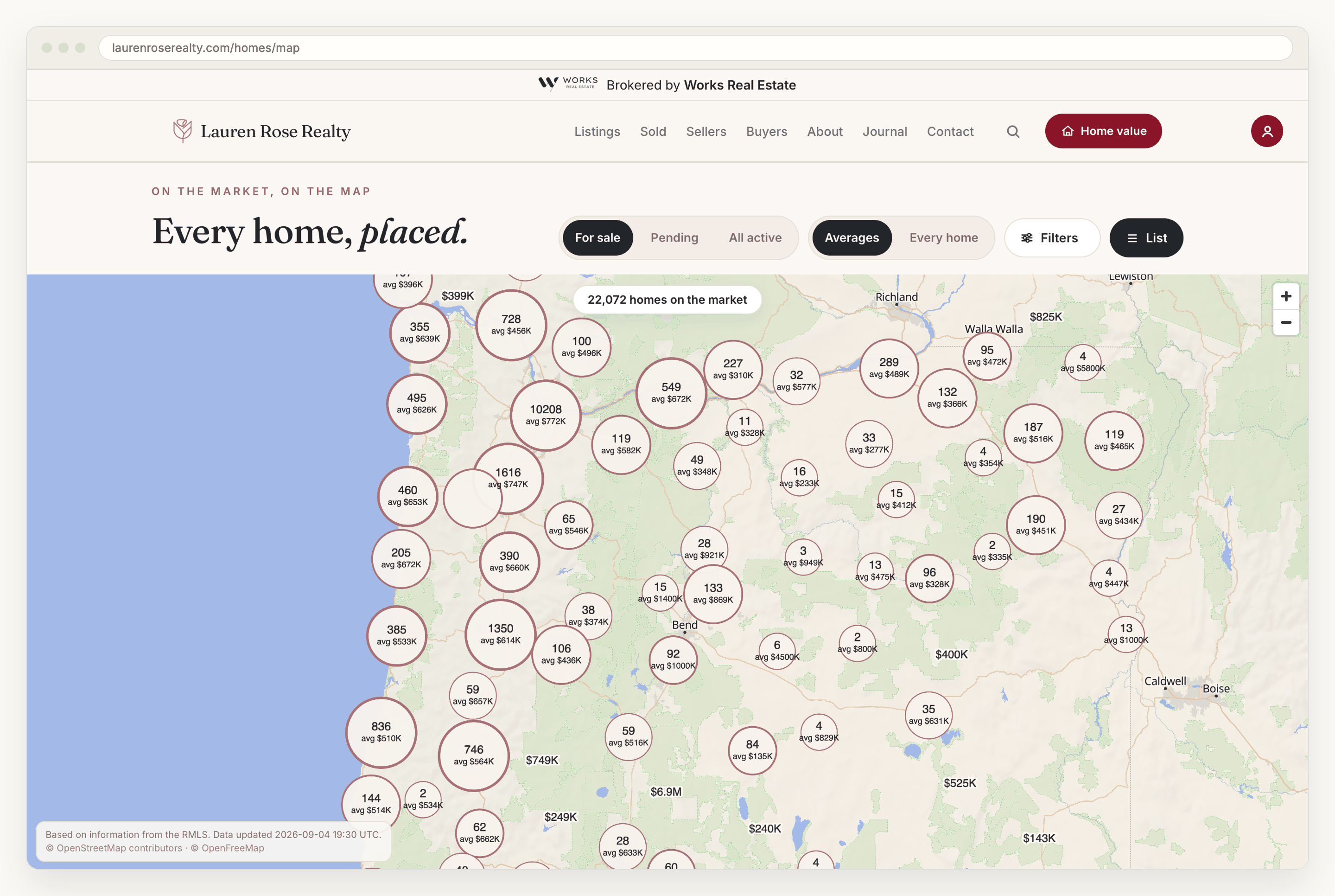 The live map on the client's site, showing clustered counts and average prices across Oregon. A strip above the fold reads the brokerage-of-record attribution beside the firm's badge, and a panel in the lower left reads: Based on information from the RMLS. Data updated 2026-09-04 19:30 UTC, above credits to OpenStreetMap contributors and OpenFreeMap.