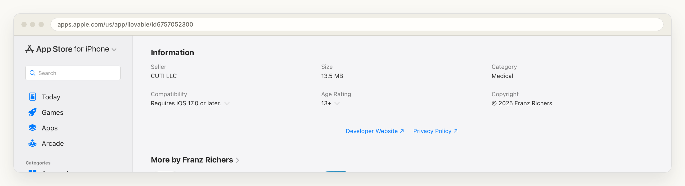The Information table on the iLovable product page: seller CUTI LLC, size 13.5 MB, category Medical, requires iOS 17.0 or later, age rating 13+, copyright 2025 Franz Richers.