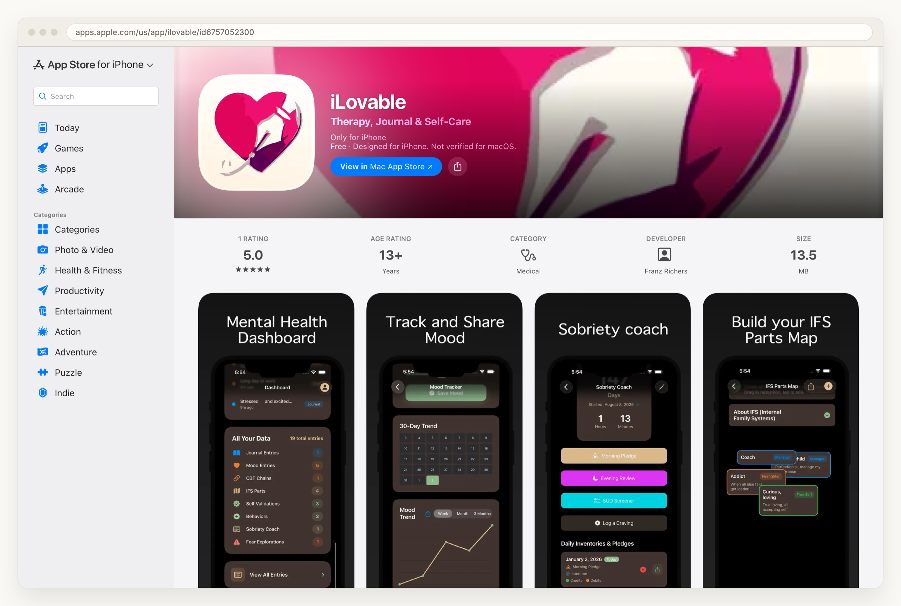The iLovable product page on the App Store, showing a 5.0 rating from one rating, a 13+ age rating, the Medical category, developer Franz Richers and a size of 13.5 MB, above gallery screens for the dashboard, the mood tracker, the sobriety coach and the IFS parts map.