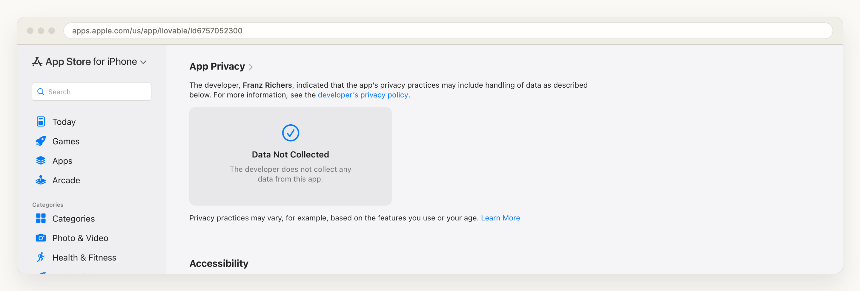 The App Privacy section of the iLovable product page: a panel reading Data Not Collected, the developer does not collect any data from this app, with the paragraph above it attributing that answer to the developer, and the Accessibility heading below it.