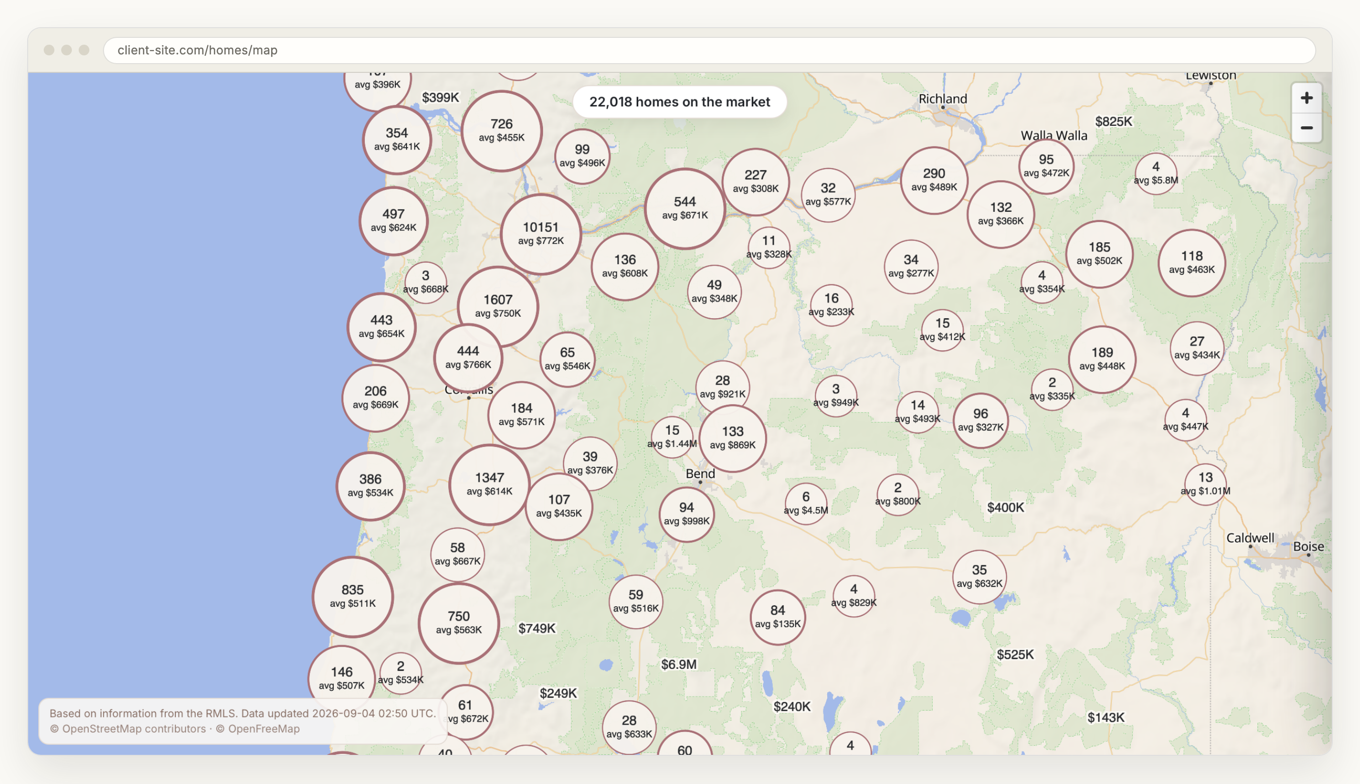 A browser window showing the live listings map at its default statewide fit: cream cluster discs with a muted pink ring, each printing a count above an average price, from avg $308K up to avg $5.8M, over a muted vector basemap, with single homes drawn as price bubbles and the required MLS attribution and data timestamp sitting in the lower corner.