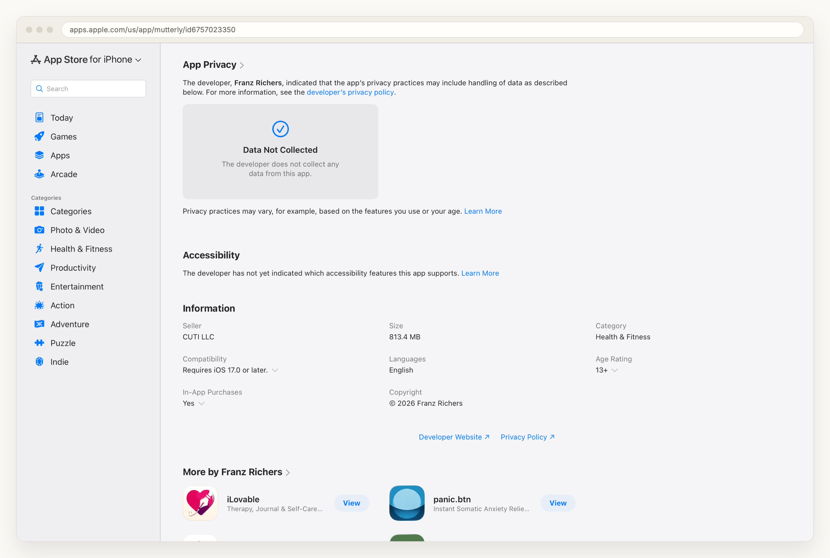 The App Privacy section of the Mutterly product page showing a panel that reads Data Not Collected, the developer does not collect any data from this app, above the Information table listing the seller as CUTI LLC, the size as 813.4 MB, the requirement of iOS 17.0 or later and an age rating of 13 plus.