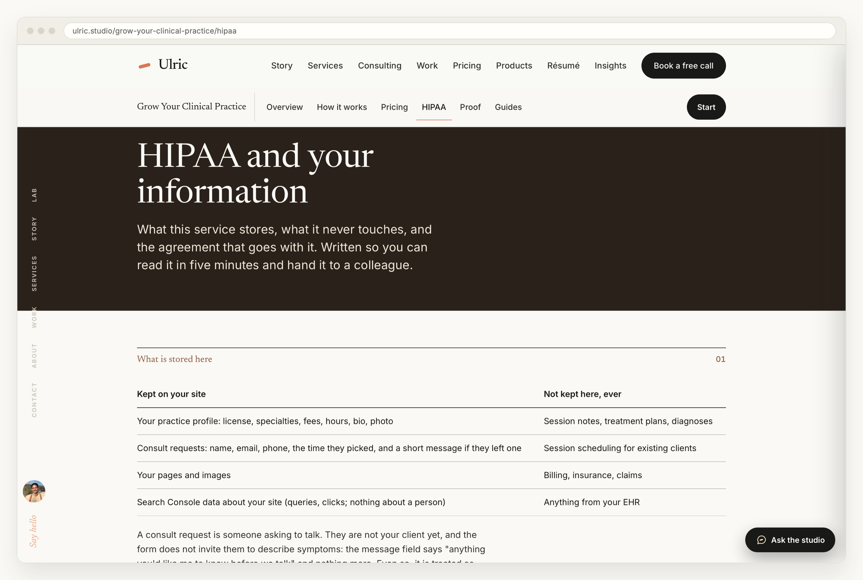 The HIPAA page in a browser window, headed HIPAA and your information, with a two column table listing what is kept on the clinician's site (practice profile, consult requests, pages and images, Search Console data) against what is never kept there (session notes, treatment plans, diagnoses, scheduling, billing, anything from an EHR).