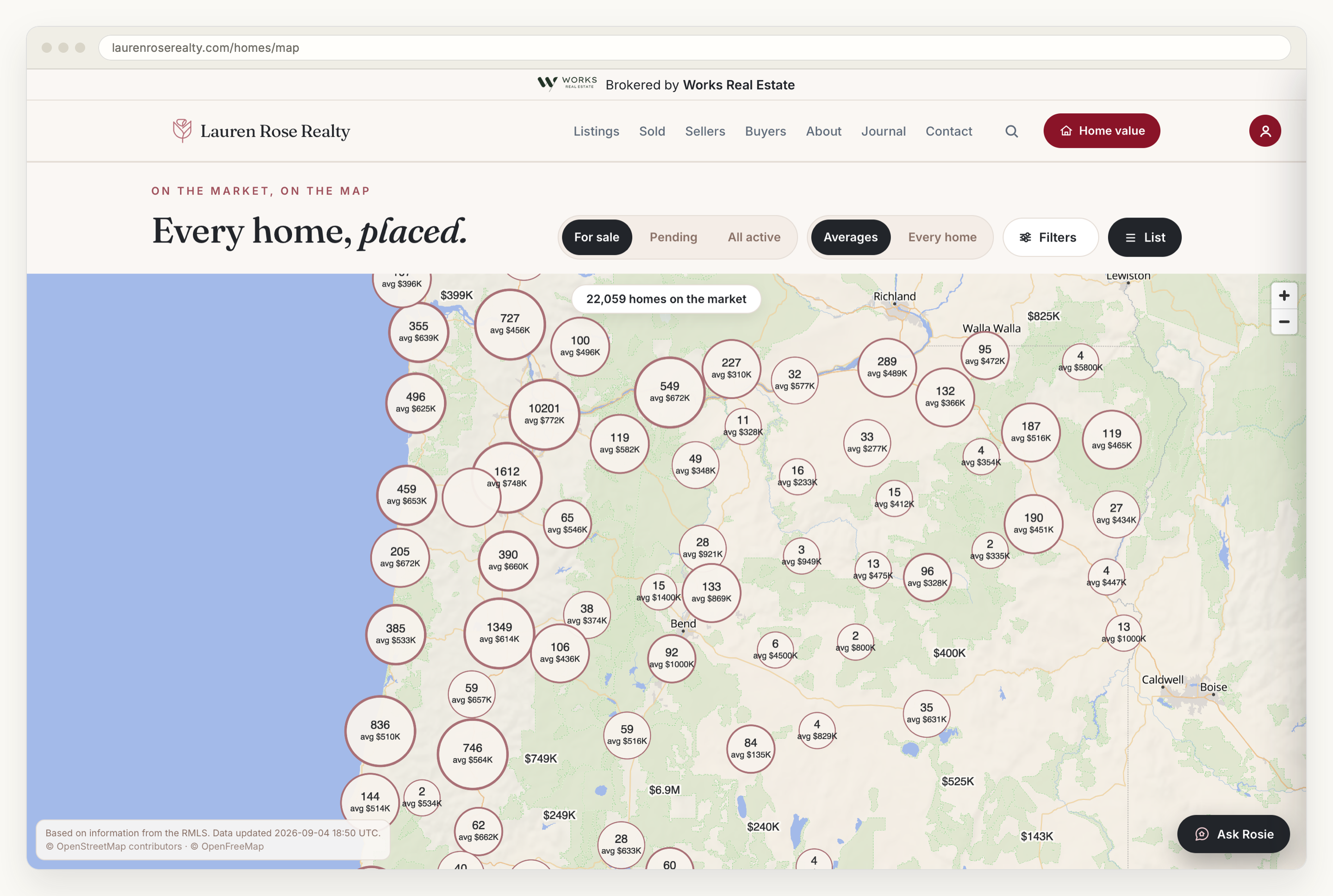 A browser window showing the listings map at laurenroserealty.com/homes/map: a map of Oregon covered in circular clusters, each giving a listing count and an average price, with For sale, Pending and All active filters above it and the MLS attribution line in the corner.