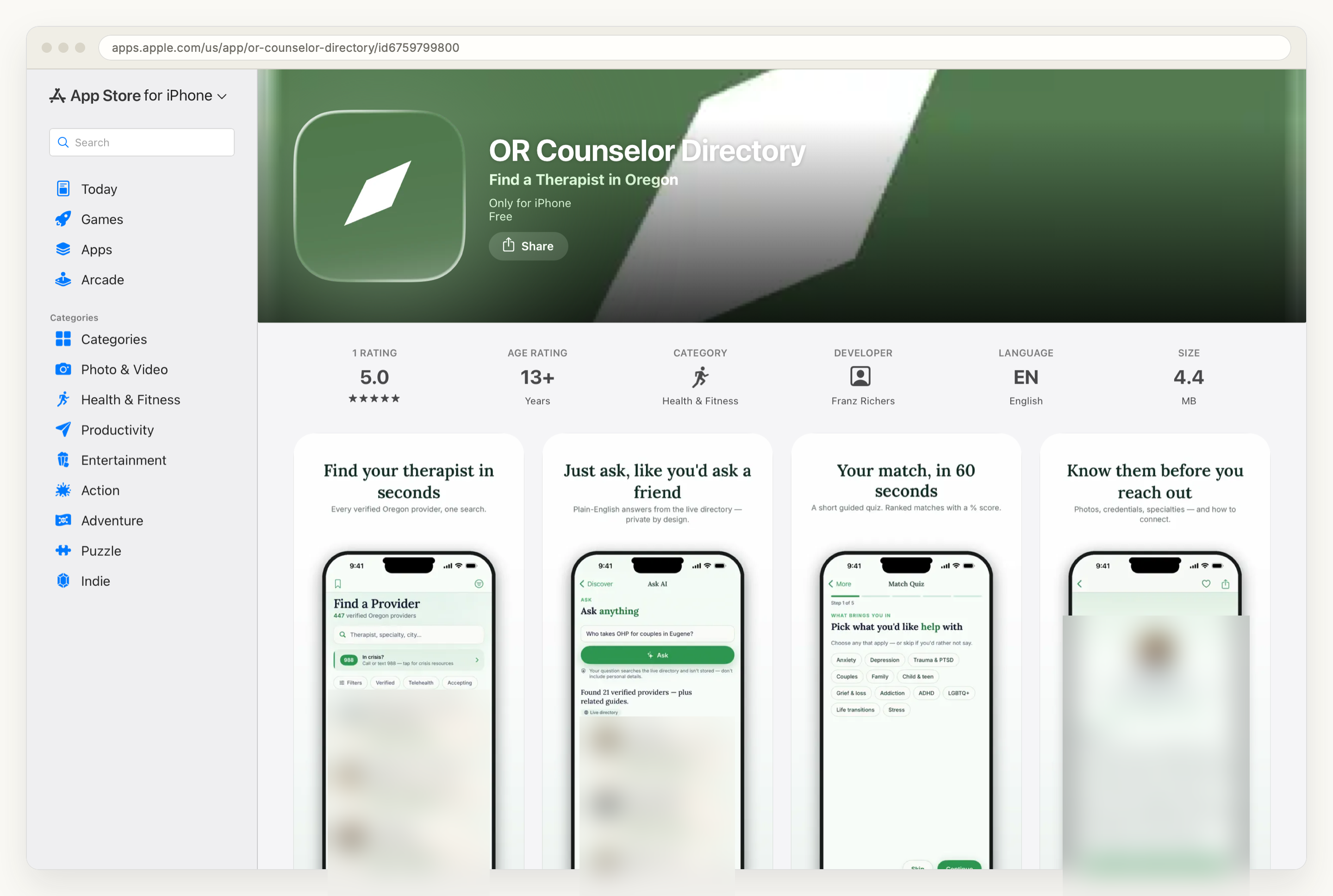 The OR Counselor Directory product page on the App Store, showing a 5.0 average from a single rating, a 13+ age rating, the Health and Fitness category, and a size of 4.4 MB, above four gallery panels whose provider cards are blurred
