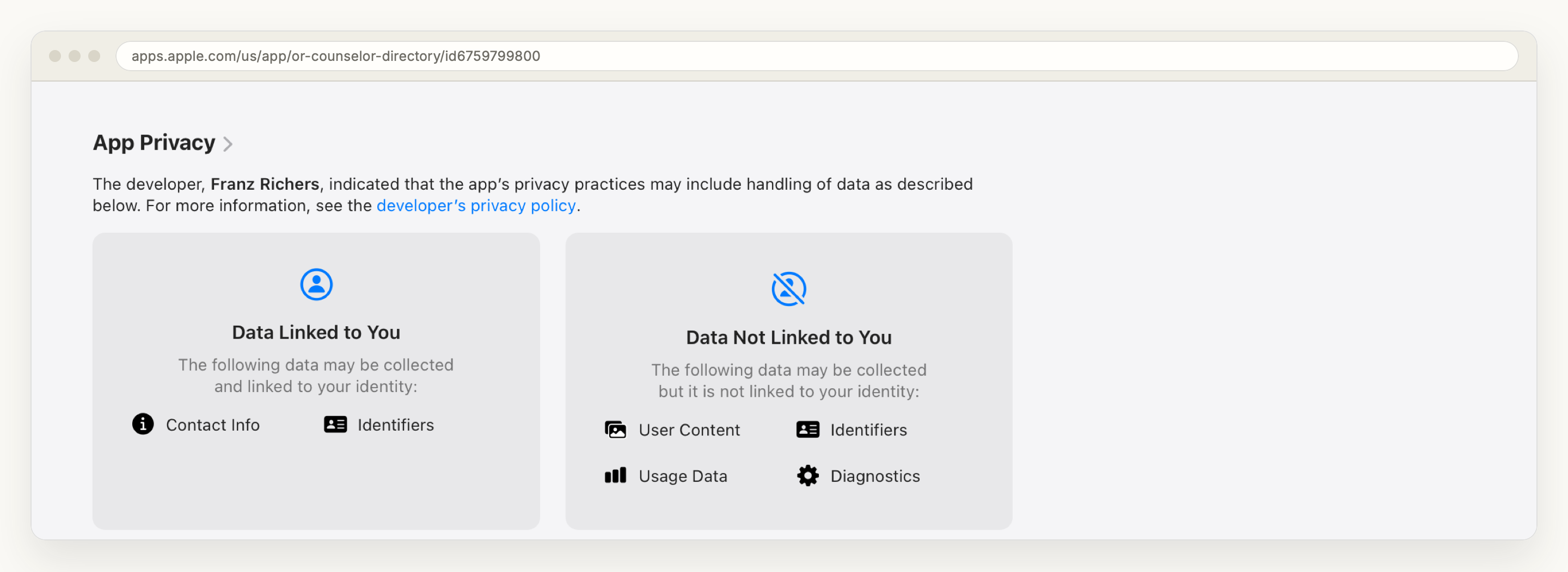The App Privacy section of the product page, showing a Data Linked to You panel listing Contact Info and Identifiers, and a Data Not Linked to You panel listing User Content, Identifiers, Usage Data and Diagnostics