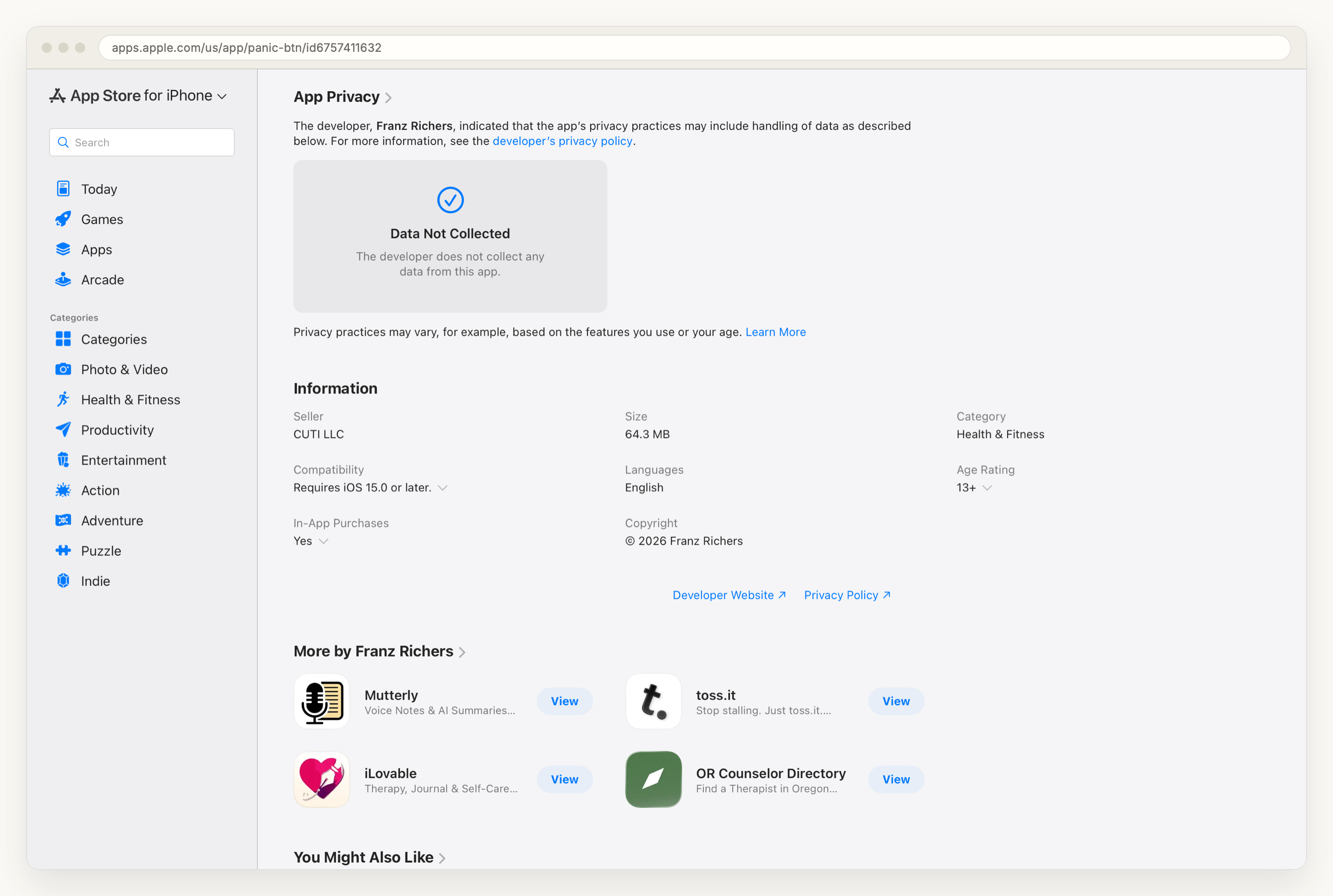 The App Privacy section of the panic.btn product page, showing a panel reading Data Not Collected, the developer does not collect any data from this app, above the information table listing seller CUTI LLC, size 64.3 MB, iOS 15.0 or later, and In-App Purchases yes.