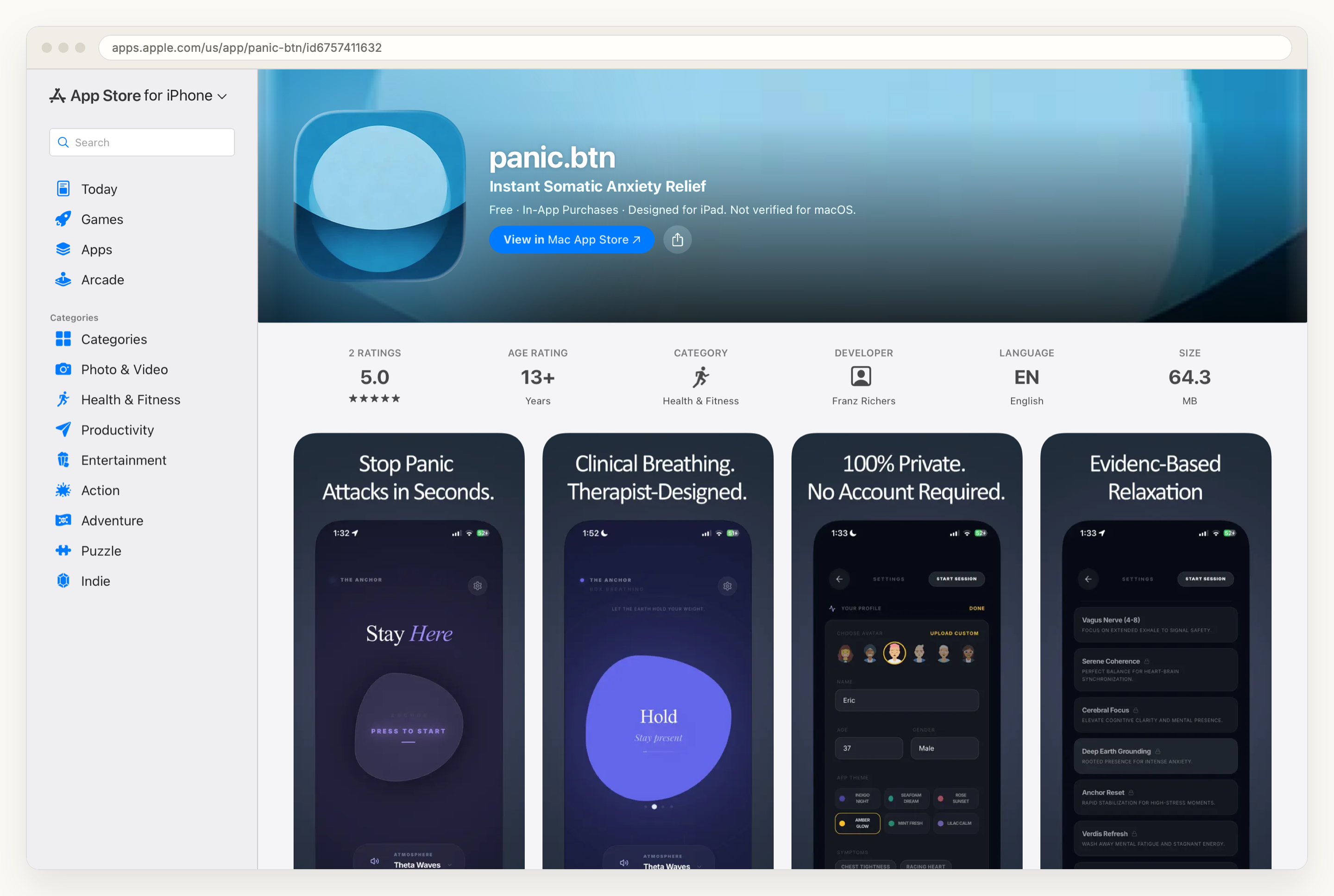 The panic.btn product page on the App Store, showing the subtitle Instant Somatic Anxiety Relief, Free with In-App Purchases, two ratings at five stars, a 13+ age rating, the Health and Fitness category, English, and a size of 64.3 MB, above the store screenshots of the Anchor screen, the paced breath screen, the profile screen and a relaxation-library screen.