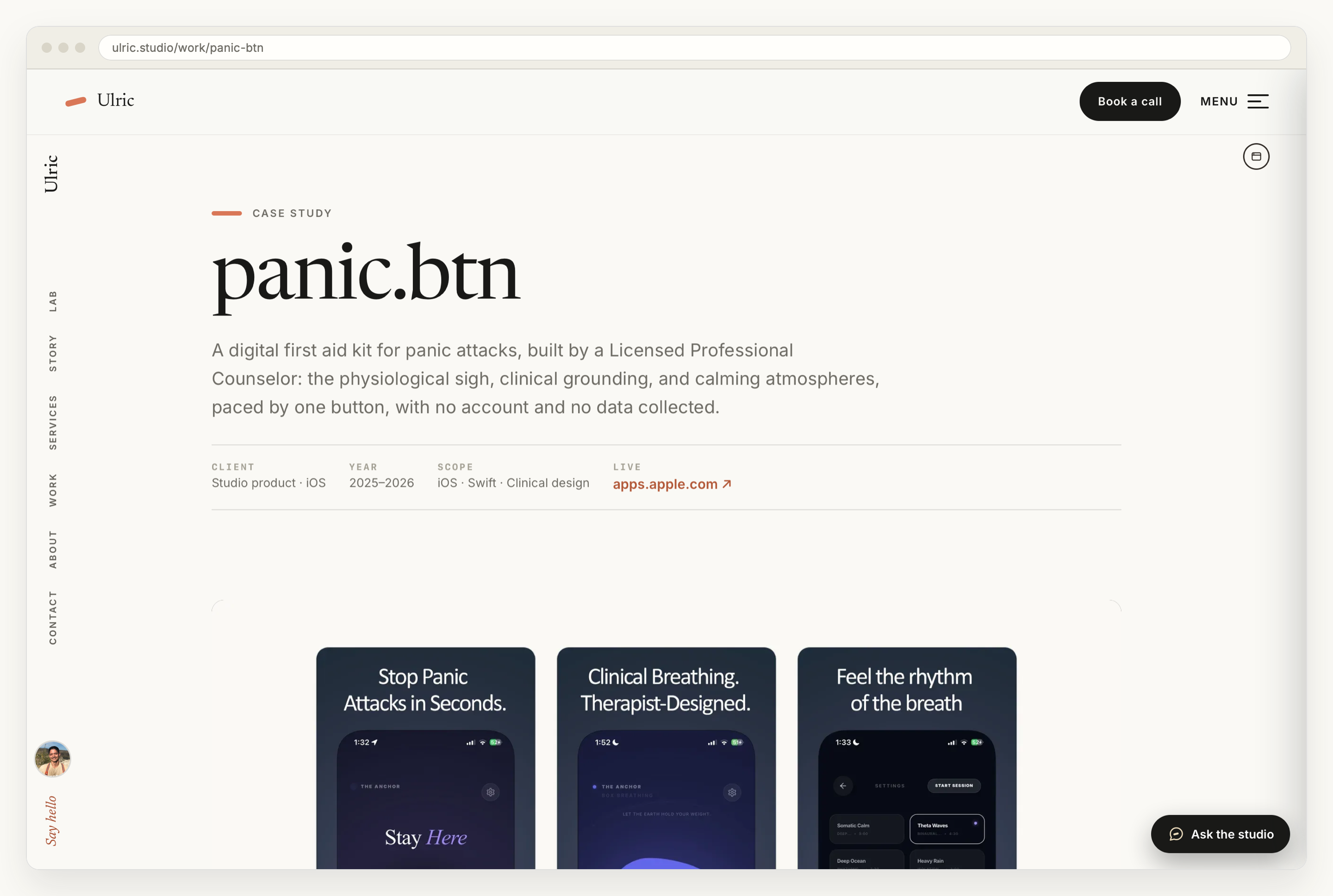 The panic.btn case study on ulric.studio, showing the summary line about a digital first aid kit built by a Licensed Professional Counselor, the client, year, scope and live link, above the app's store screenshots.