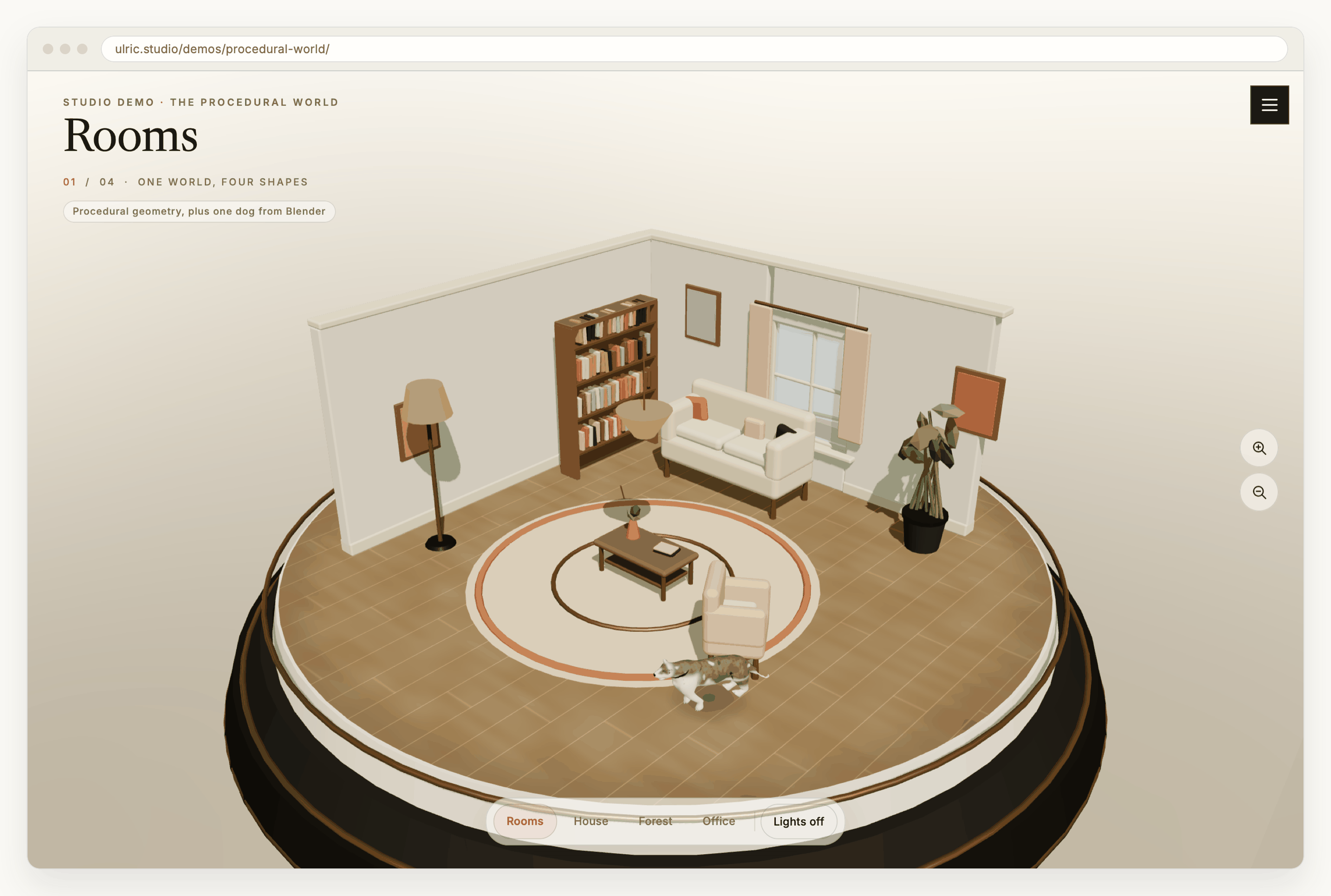 The demo in a browser window: a living room built from boxes and cylinders sits on a round brass turntable, with a sofa, an armchair, a bookshelf of coloured paperbacks, a floor lamp, a coffee table and a potted plant. A grey and white pit bull runs across the rug in mid stride. A control bar along the bottom offers Rooms, House, Forest, Office and a lights-off button.